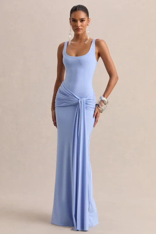 Lienna | Powder Blue Scoop-Neck Maxi Dress With Gathered-Detail And Sash sold by Club L London