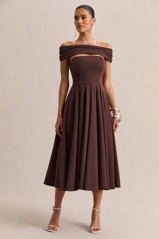 Mavina | Brown Bardot-Neck Midi Dress made by Club L London