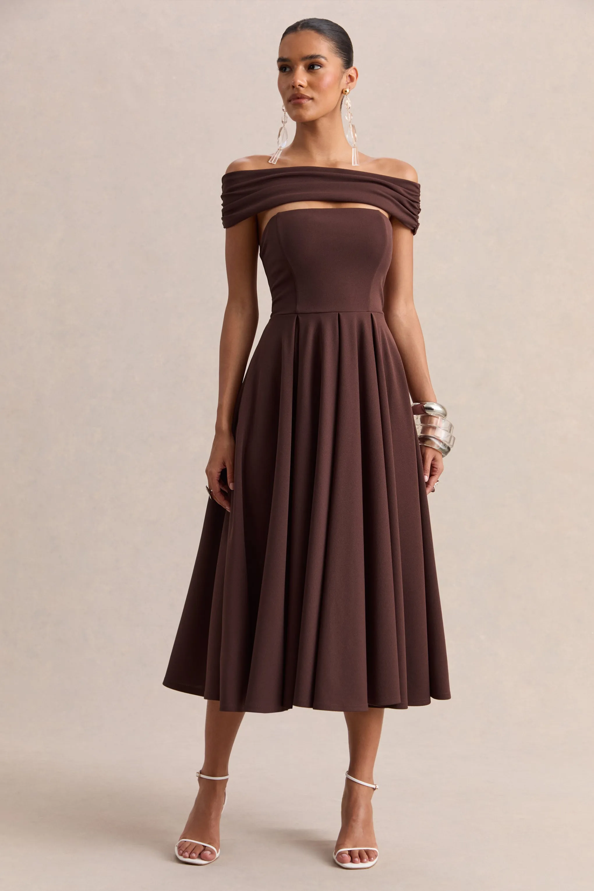 Mavina | Brown Bardot-Neck Midi Dress sold by Club L London