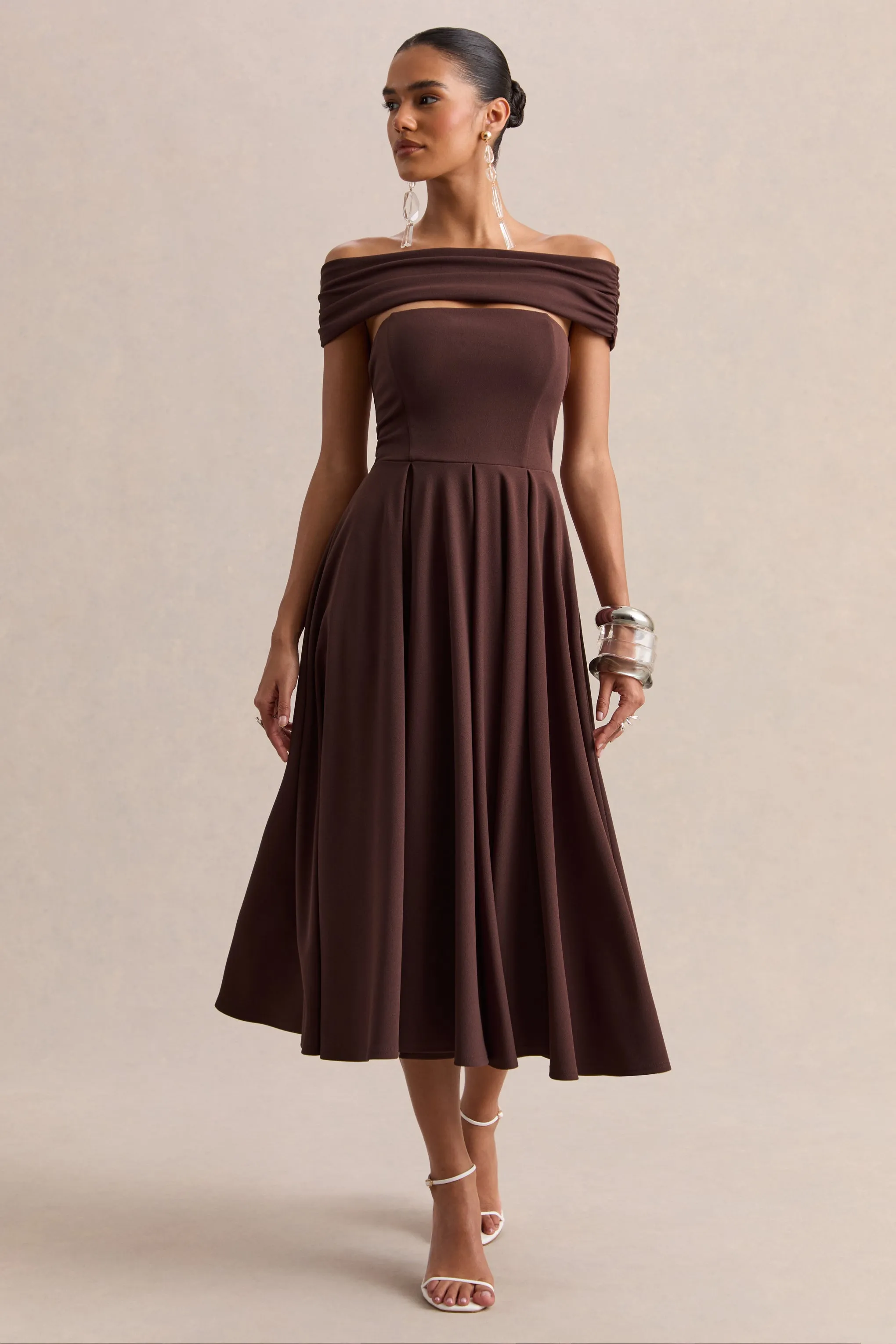 Mavina | Brown Bardot-Neck Midi Dress sold by Club L London product image thumbnail 5