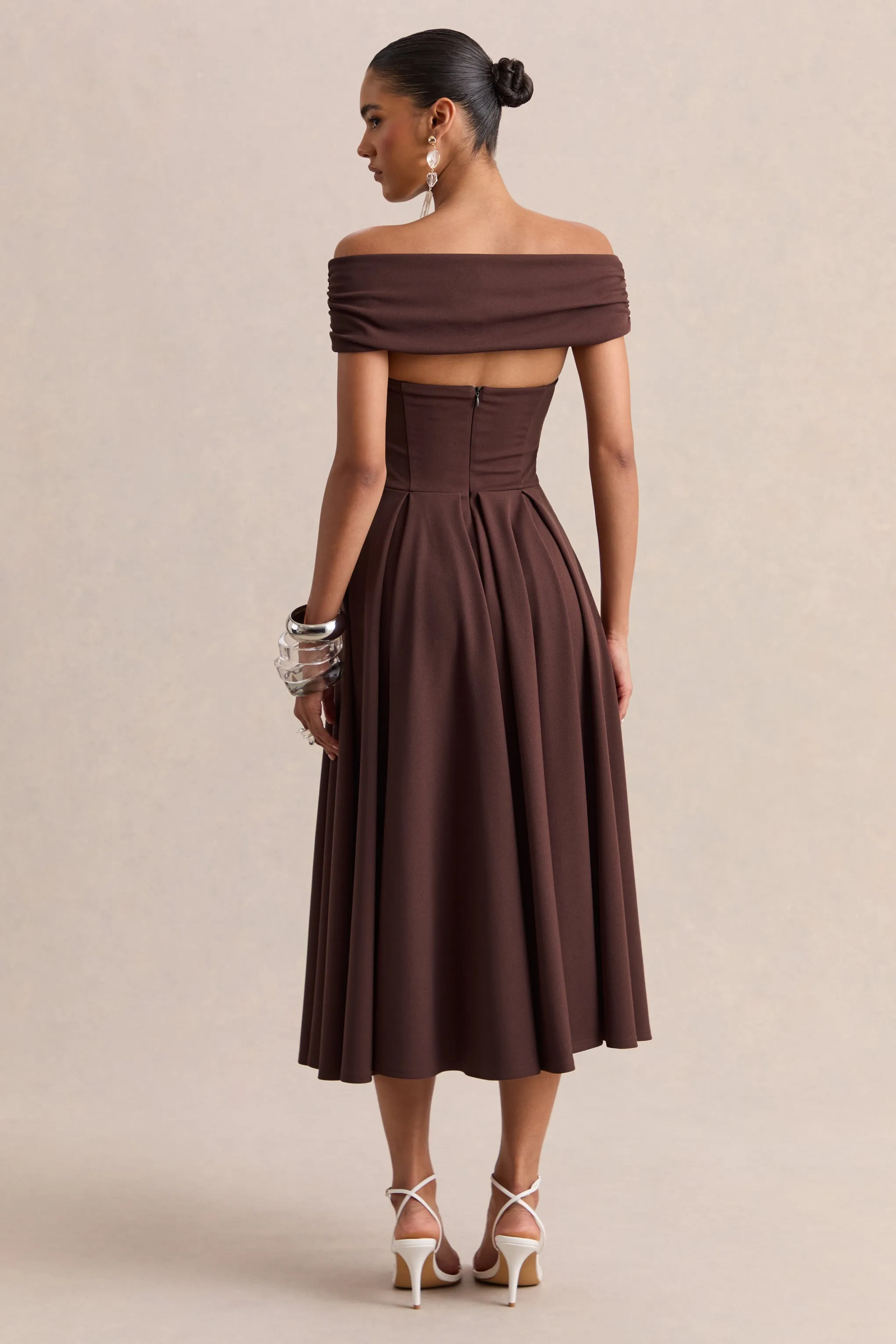 Mavina | Brown Bardot-Neck Midi Dress sold by Club L London product image thumbnail 2