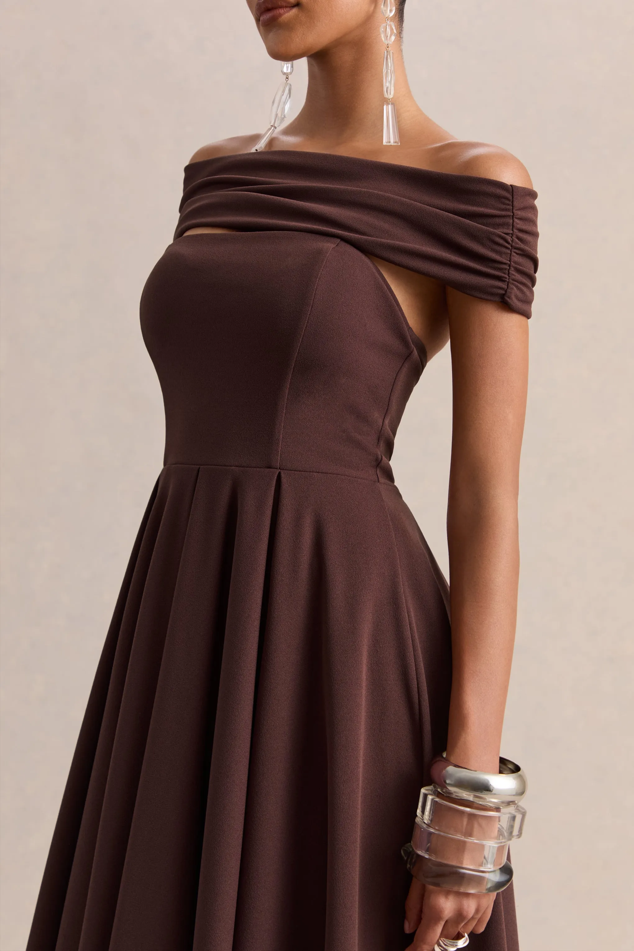 Mavina | Brown Bardot-Neck Midi Dress sold by Club L London product image thumbnail 3