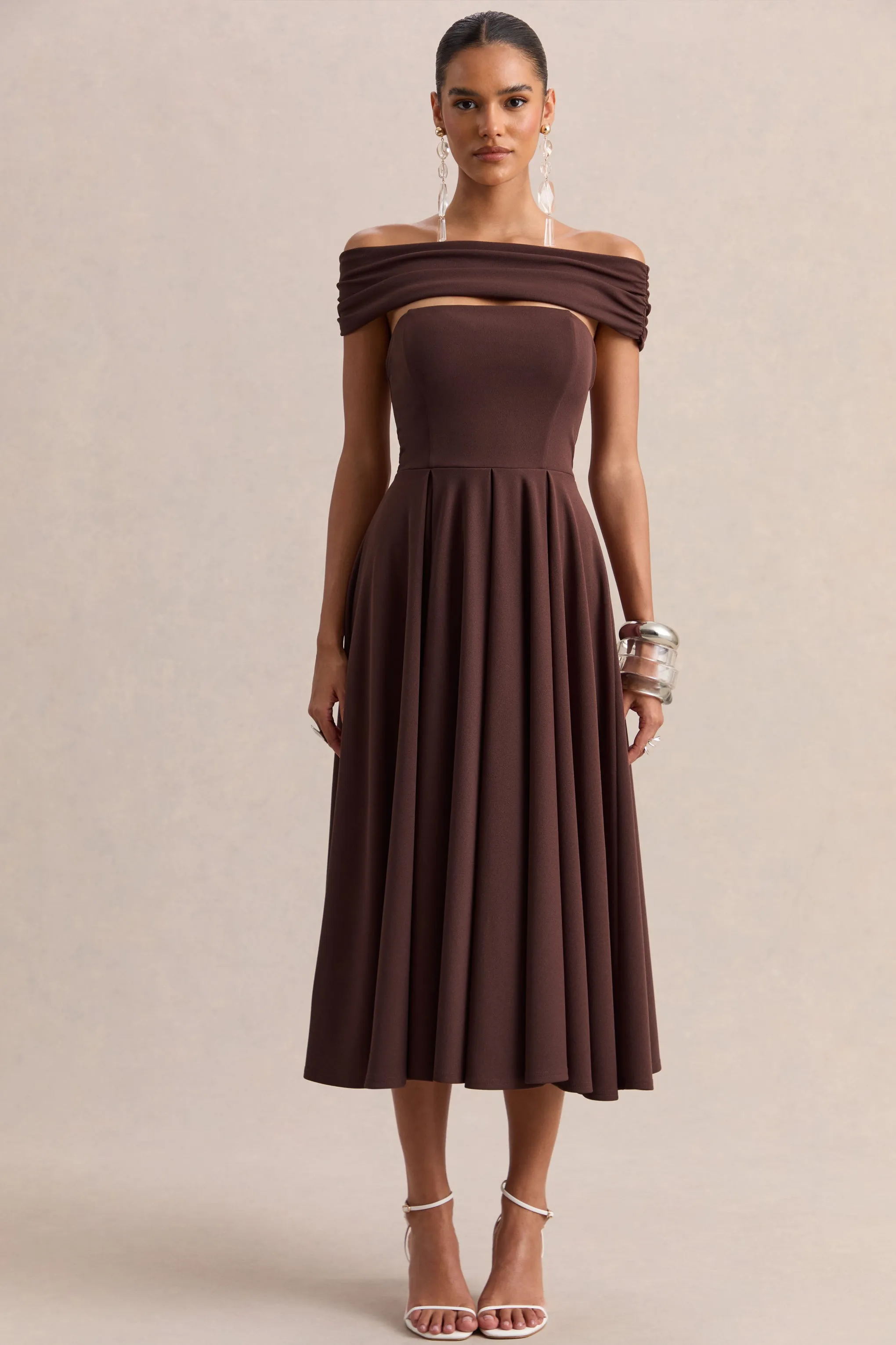 Mavina | Brown Bardot-Neck Midi Dress sold by Club L London product image thumbnail 4