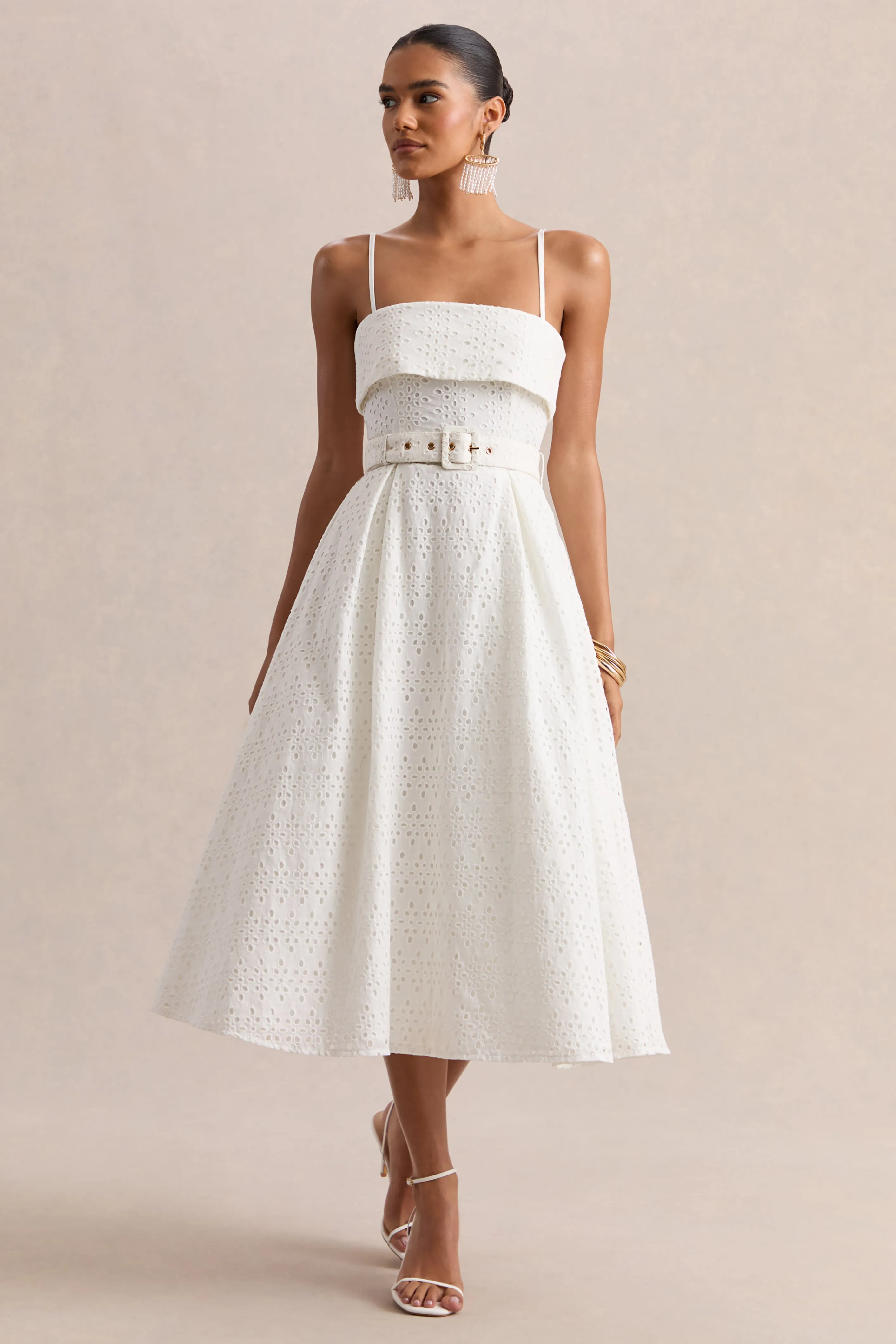 Zoeva | Cream Broderie Square-Neck Belted Midi Dress sold by Club L London product image thumbnail 4