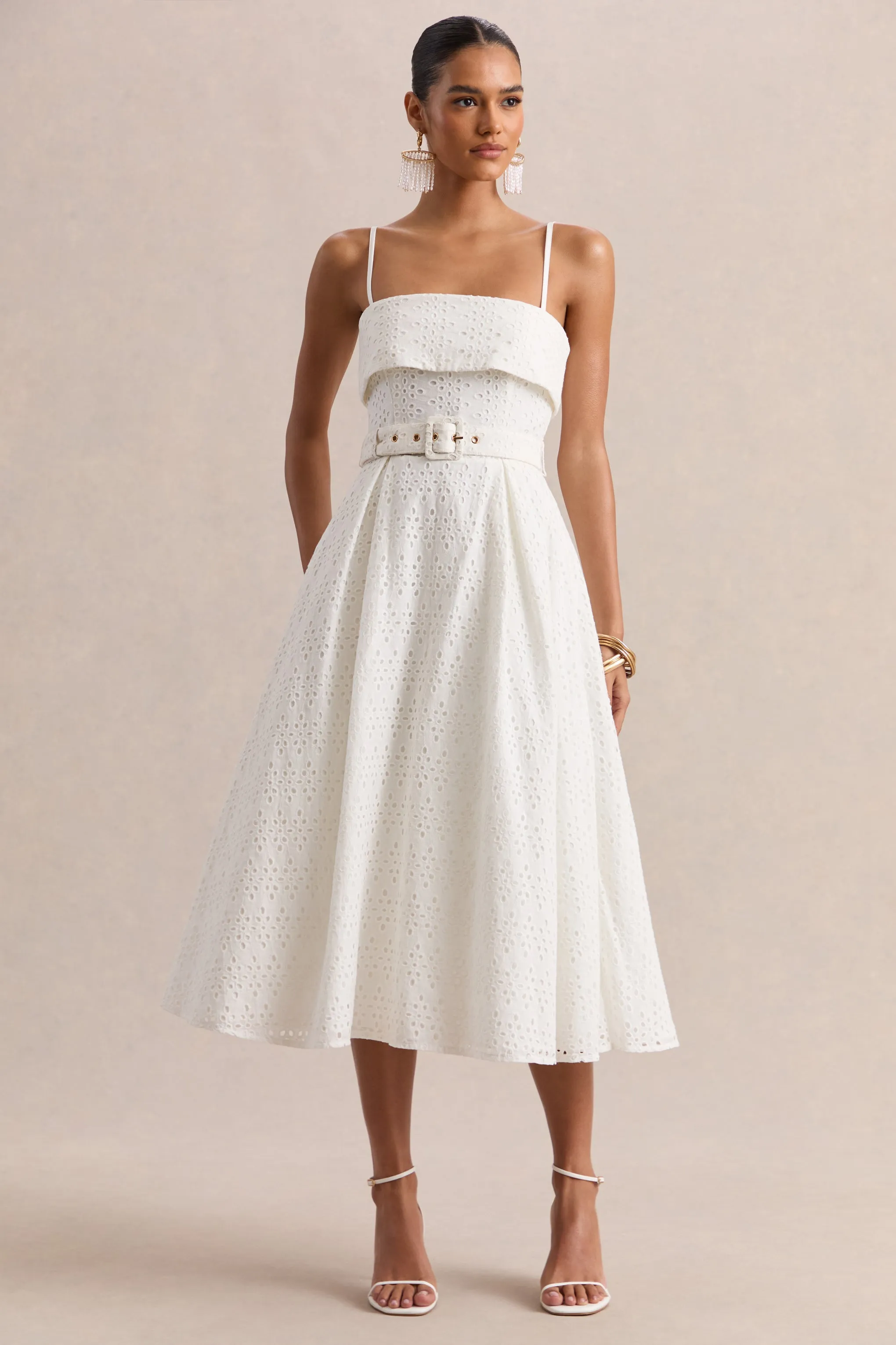 Zoeva | Cream Broderie Square-Neck Belted Midi Dress sold by Club L London
