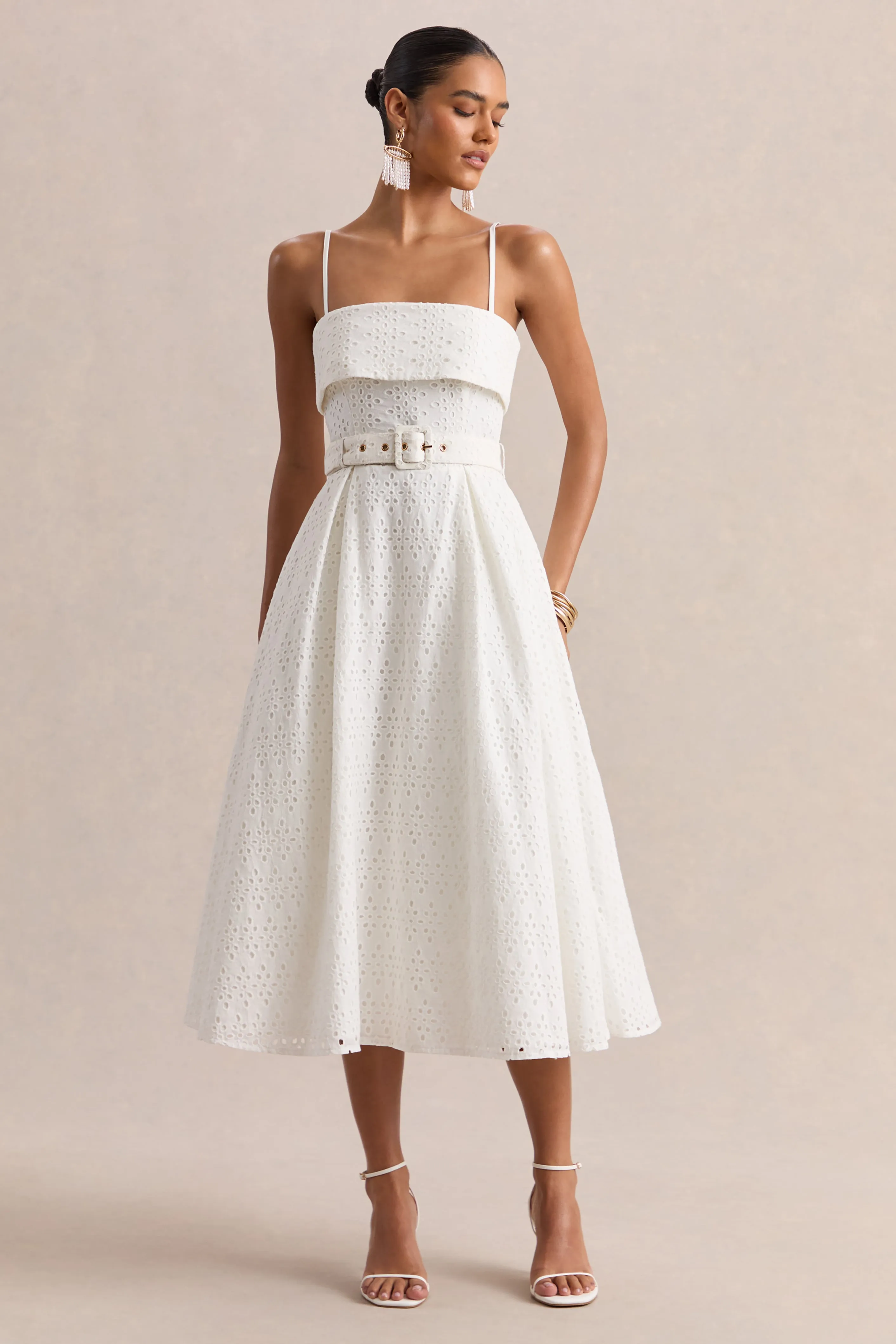 Zoeva | Cream Broderie Square-Neck Belted Midi Dress sold by Club L London product image thumbnail 5