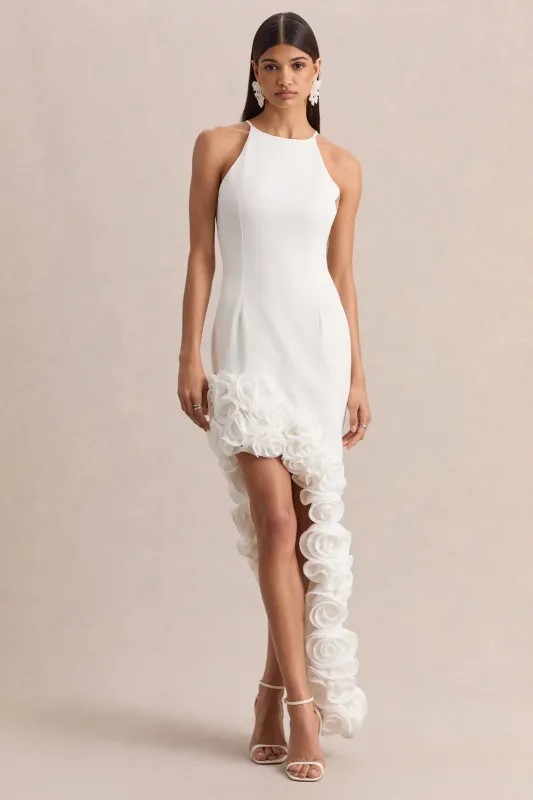 Indira | White Halter-Neck Maxi Dress With Asymmetric-Floral Hem sold by Club L London