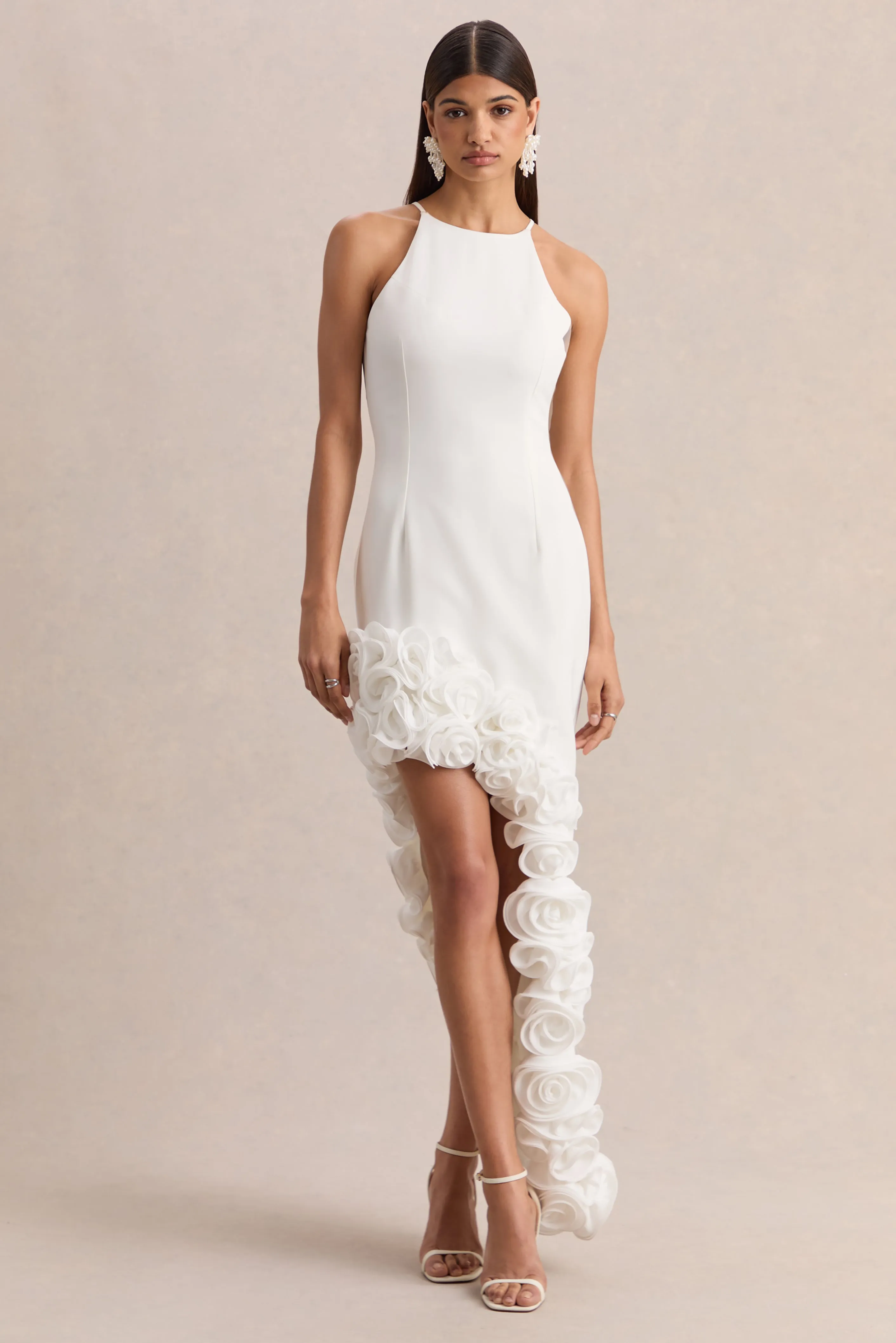 Indira | White Halter-Neck Maxi Dress With Asymmetric-Floral Hem sold by Club L London