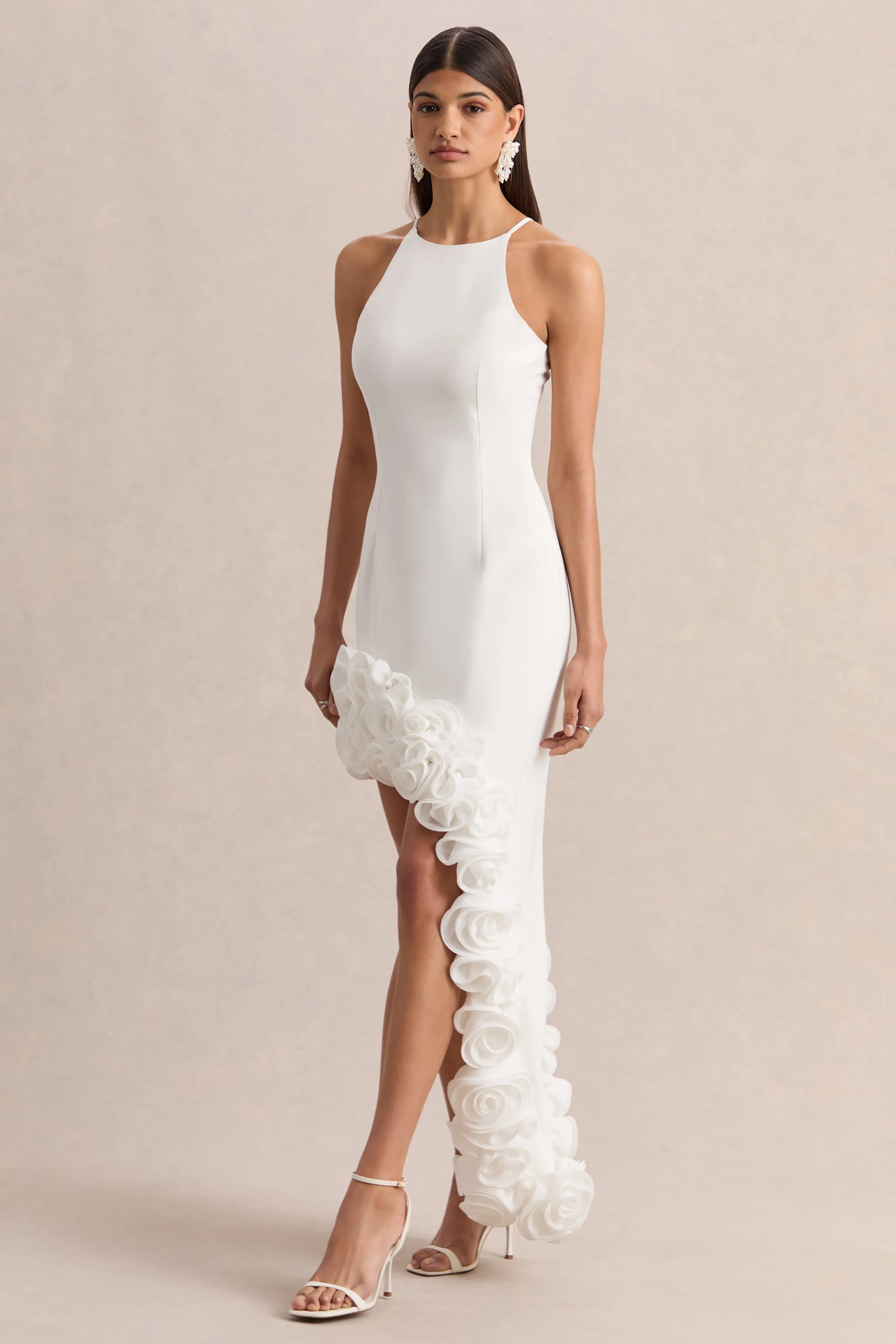 Indira | White Halter-Neck Maxi Dress With Asymmetric-Floral Hem sold by Club L London product image thumbnail 4