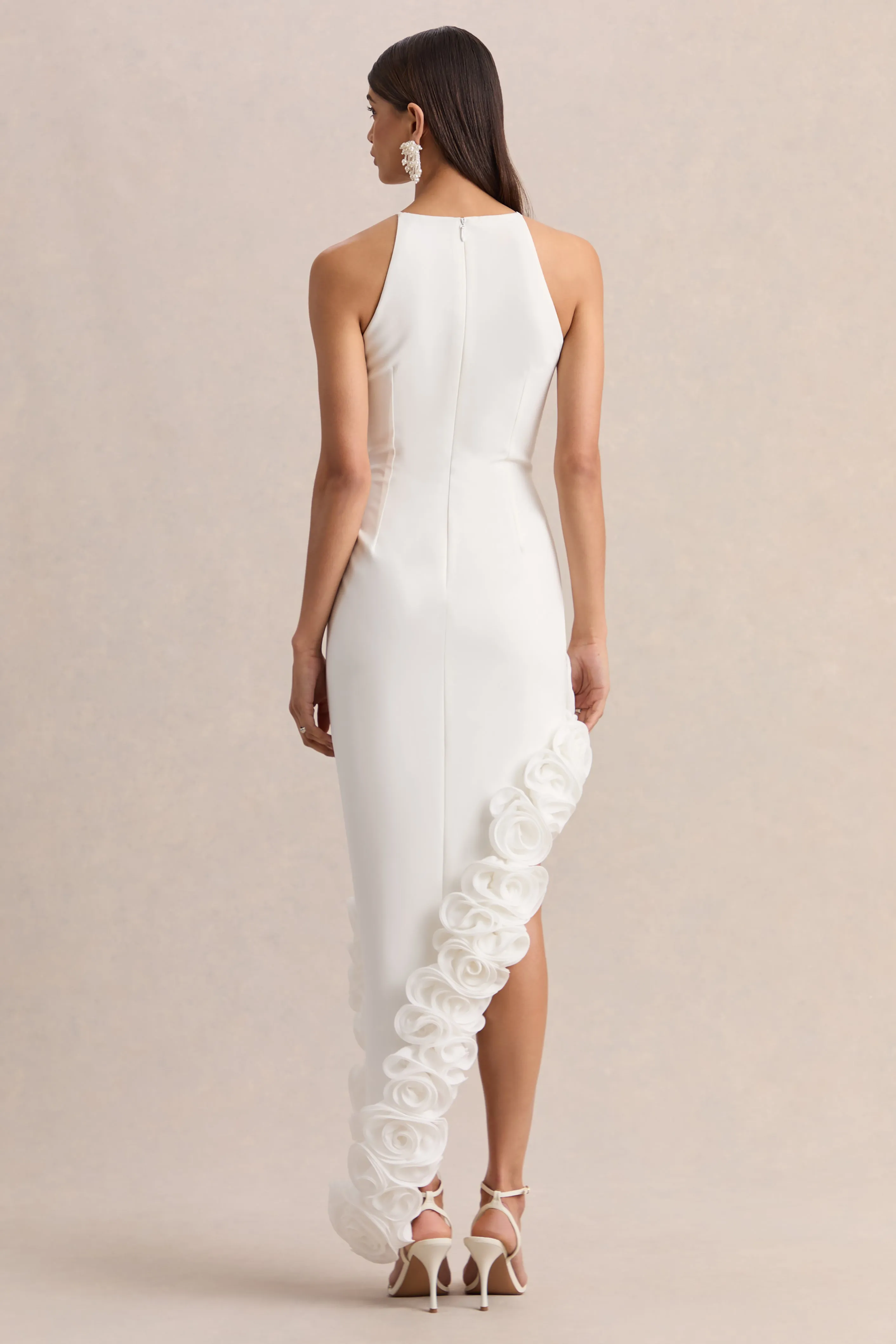 Indira | White Halter-Neck Maxi Dress With Asymmetric-Floral Hem sold by Club L London product image thumbnail 2