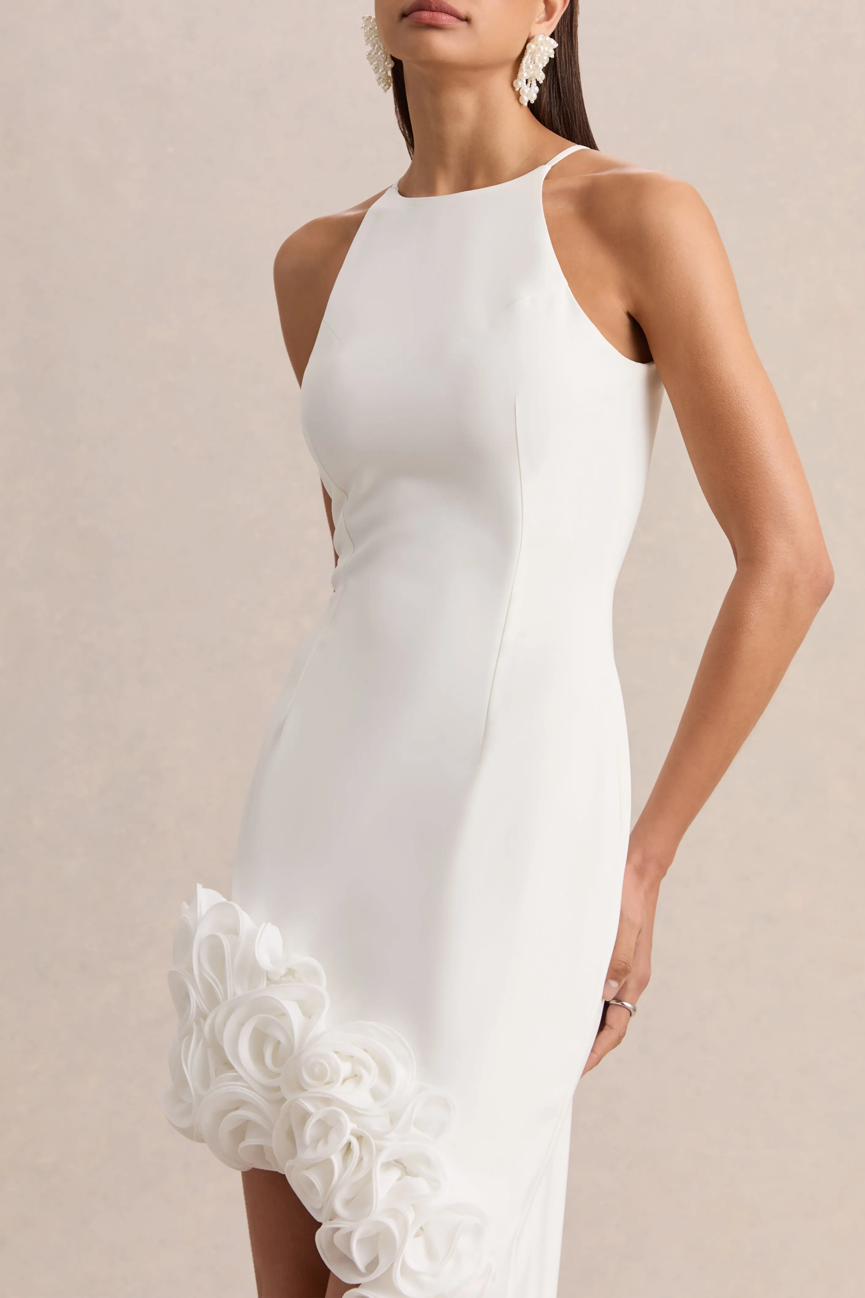 Indira | White Halter-Neck Maxi Dress With Asymmetric-Floral Hem sold by Club L London product image thumbnail 3