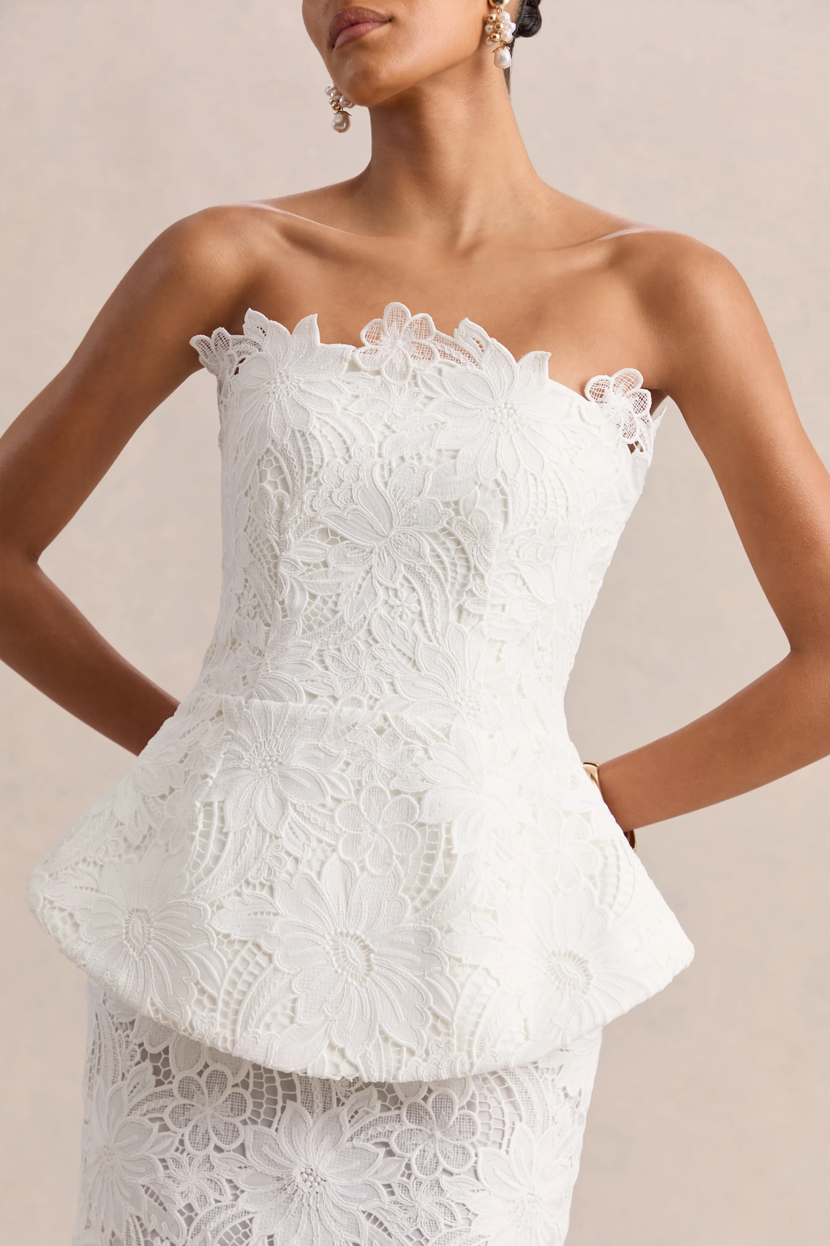 Delvine | White Lace Bandeau Corset Maxi Dress sold by Club L London product image thumbnail 3