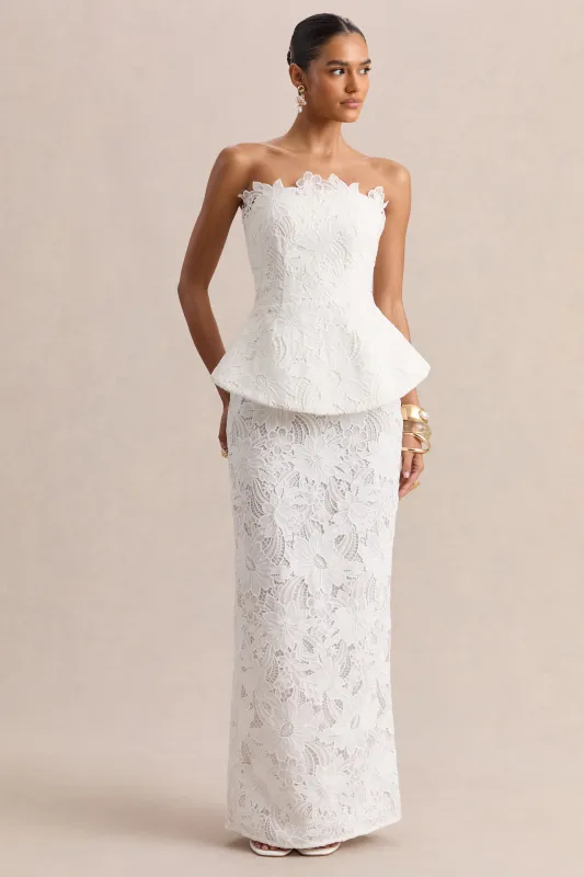 Delvine | White Lace Bandeau Corset Maxi Dress sold by Club L London