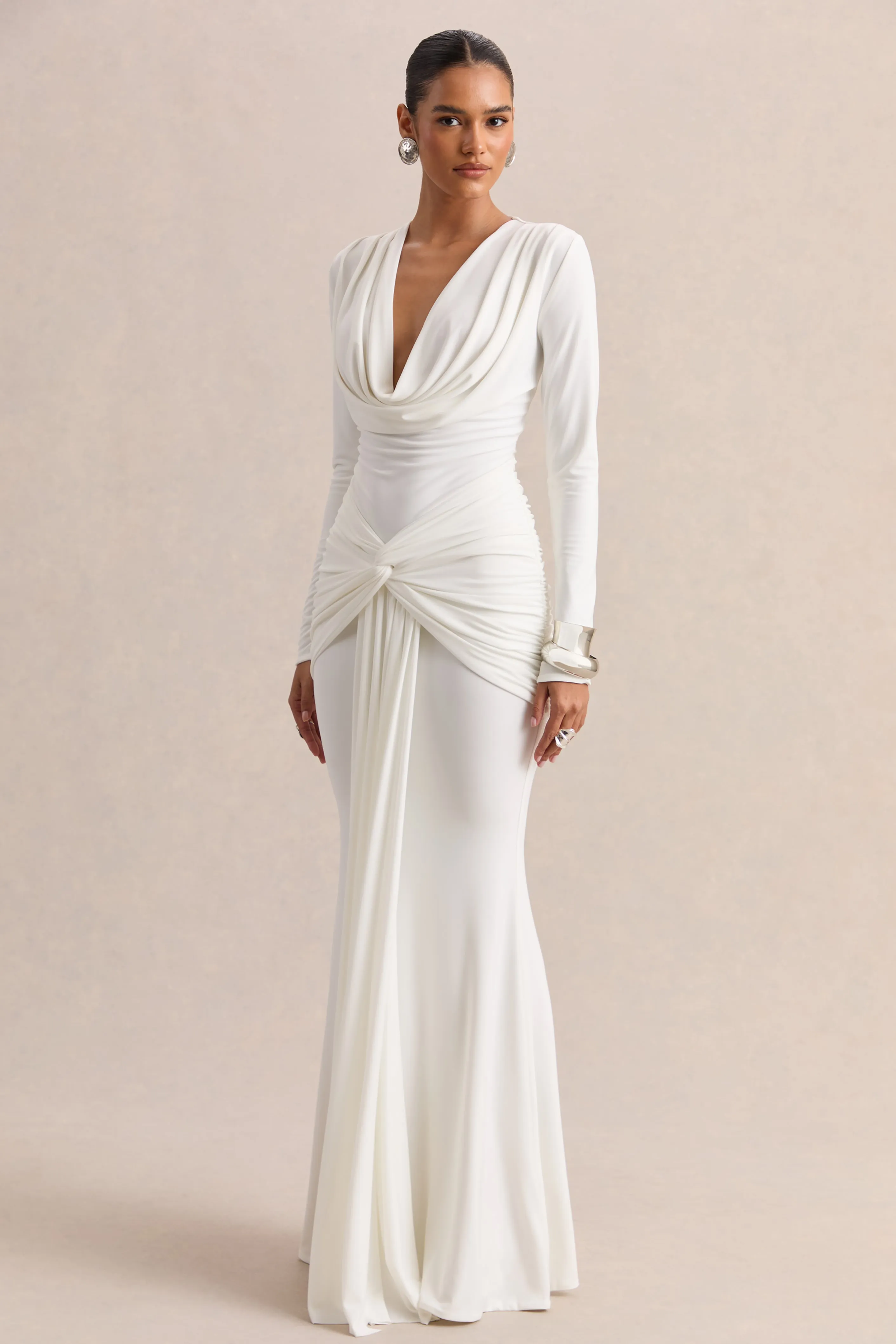 Palerma | White Draped Cowl-Neck Maxi-Dress With Gathered-Detailing sold by Club L London product image thumbnail 4