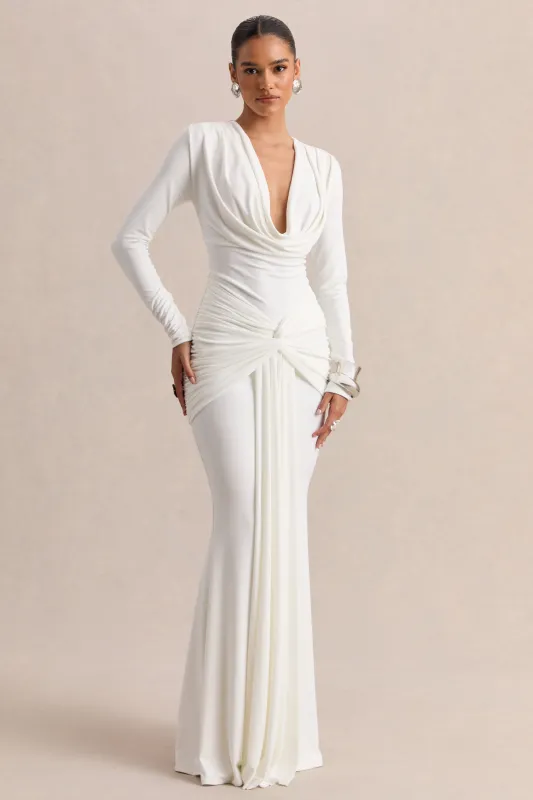 Palerma | White Draped Cowl-Neck Maxi-Dress With Gathered-Detailing made by Club L London