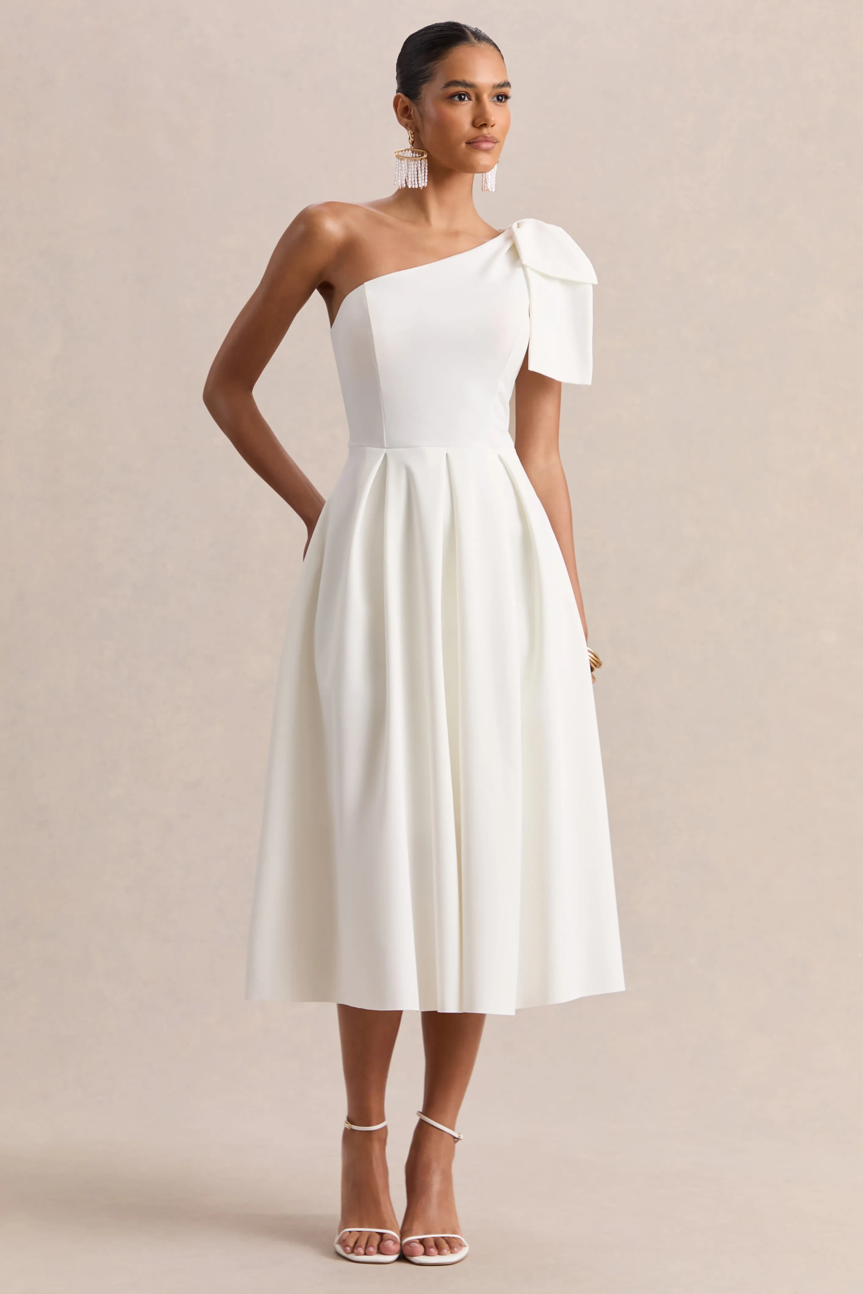 Meria | White Asymmetric-Neck Midi Dress With Bow-Sleeve sold by Club L London product image thumbnail 5
