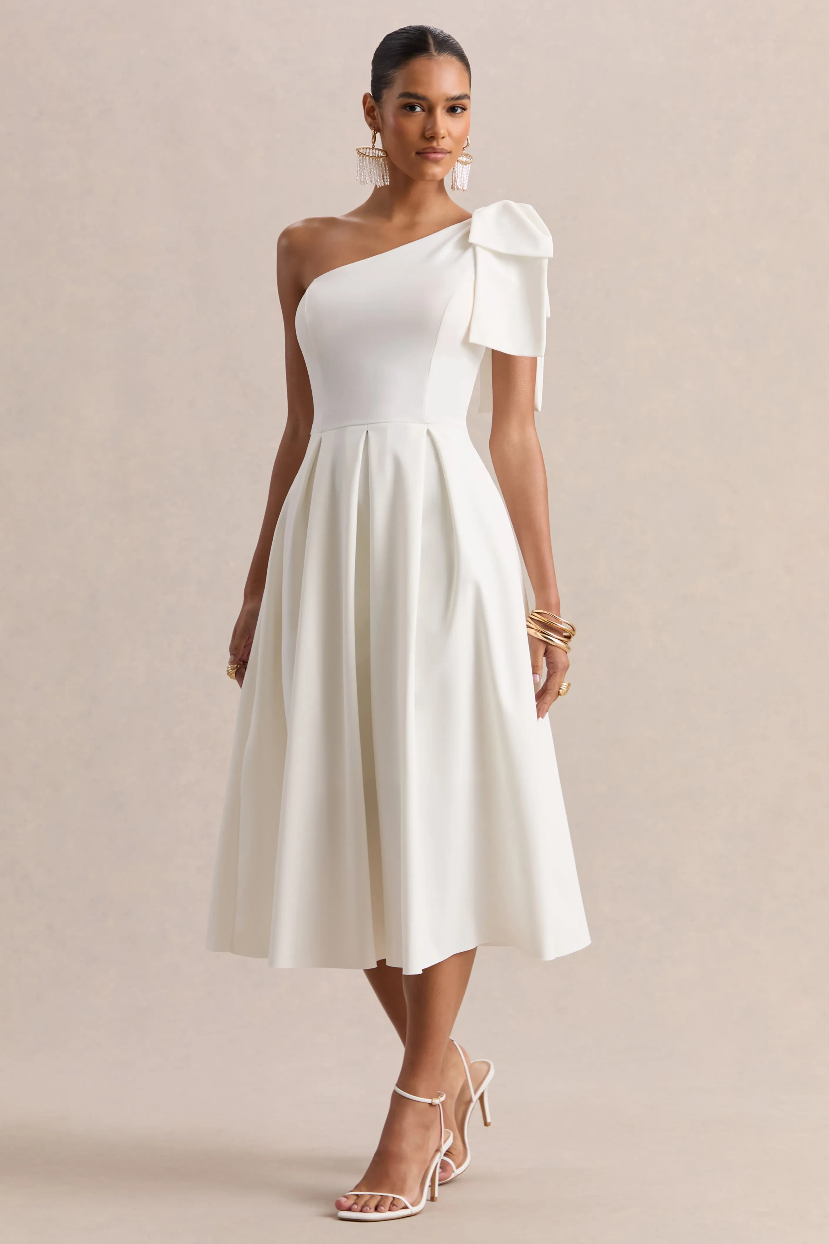 Meria | White Asymmetric-Neck Midi Dress With Bow-Sleeve sold by Club L London product image thumbnail 4