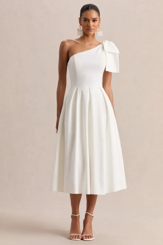 Meria | White Asymmetric-Neck Midi Dress With Bow-Sleeve sold by Club L London