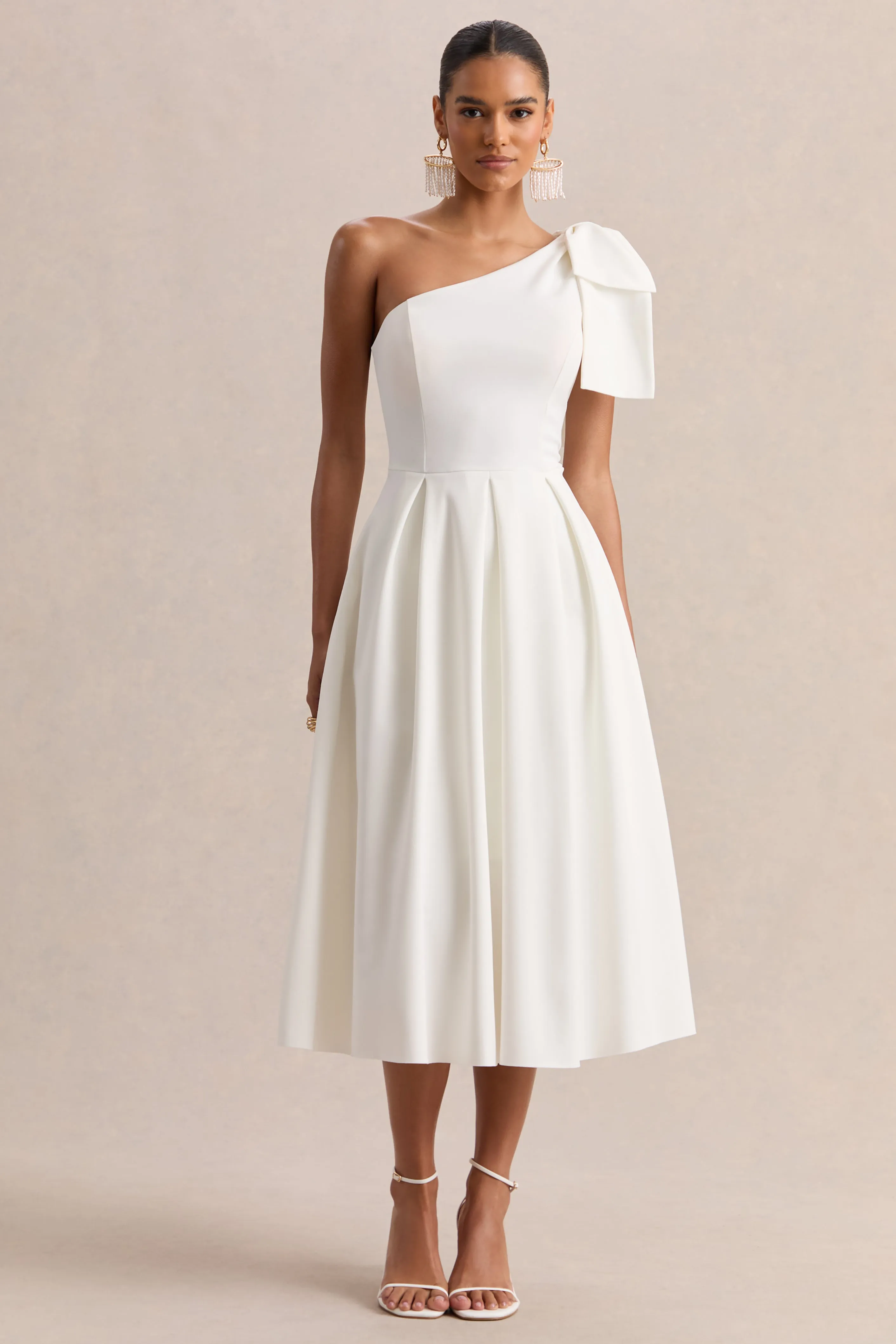 Meria | White Asymmetric-Neck Midi Dress With Bow-Sleeve sold by Club L London