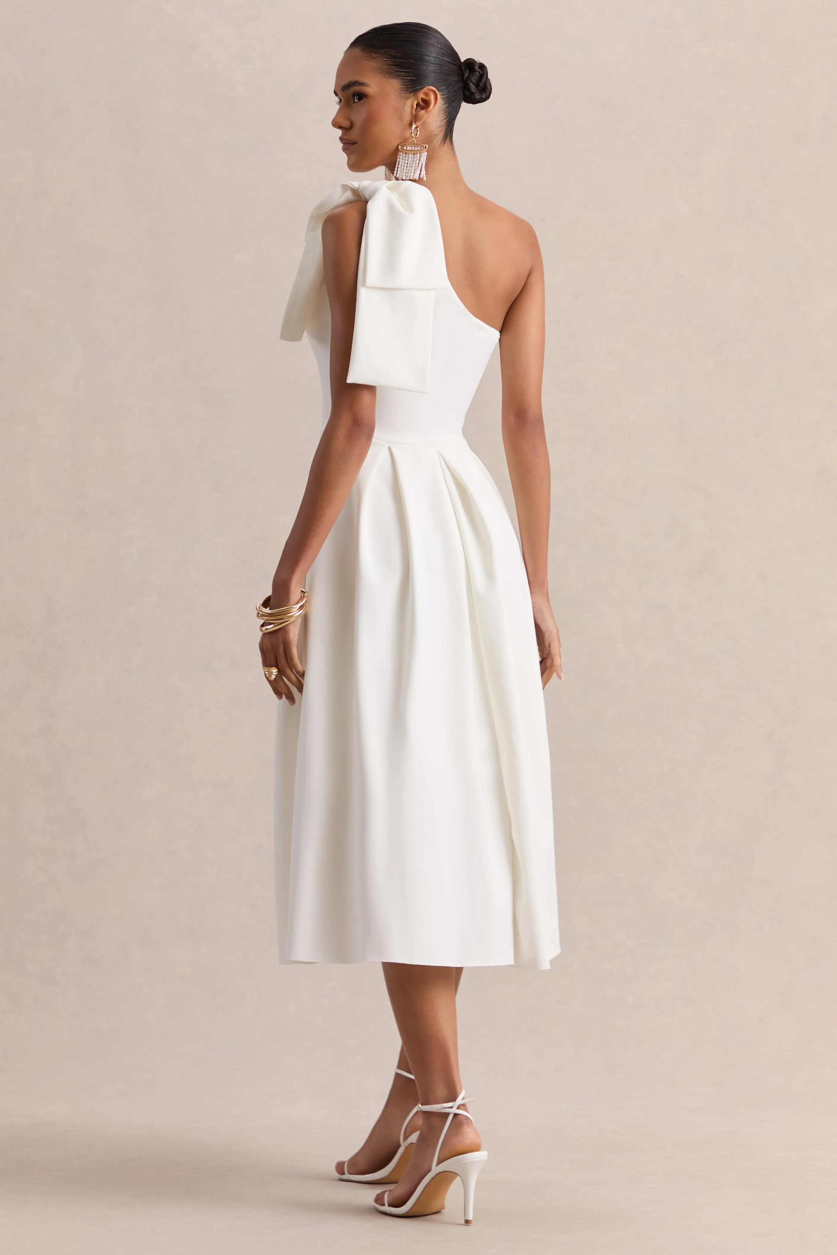 Meria | White Asymmetric-Neck Midi Dress With Bow-Sleeve sold by Club L London product image thumbnail 2