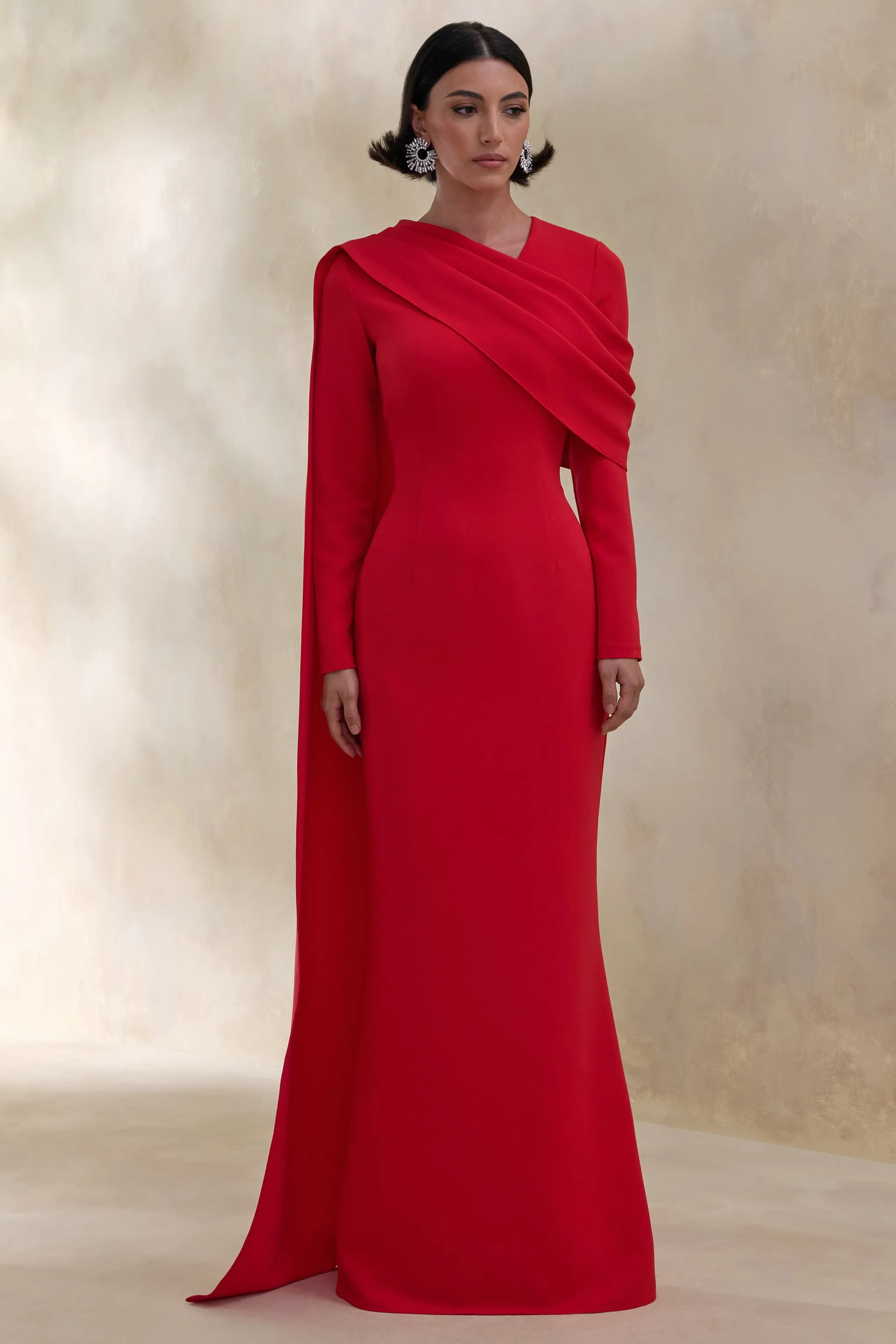 Heliora | Red V-Neck Maxi Dress With Sash And Draped-Detail sold by Club L London product image thumbnail 4