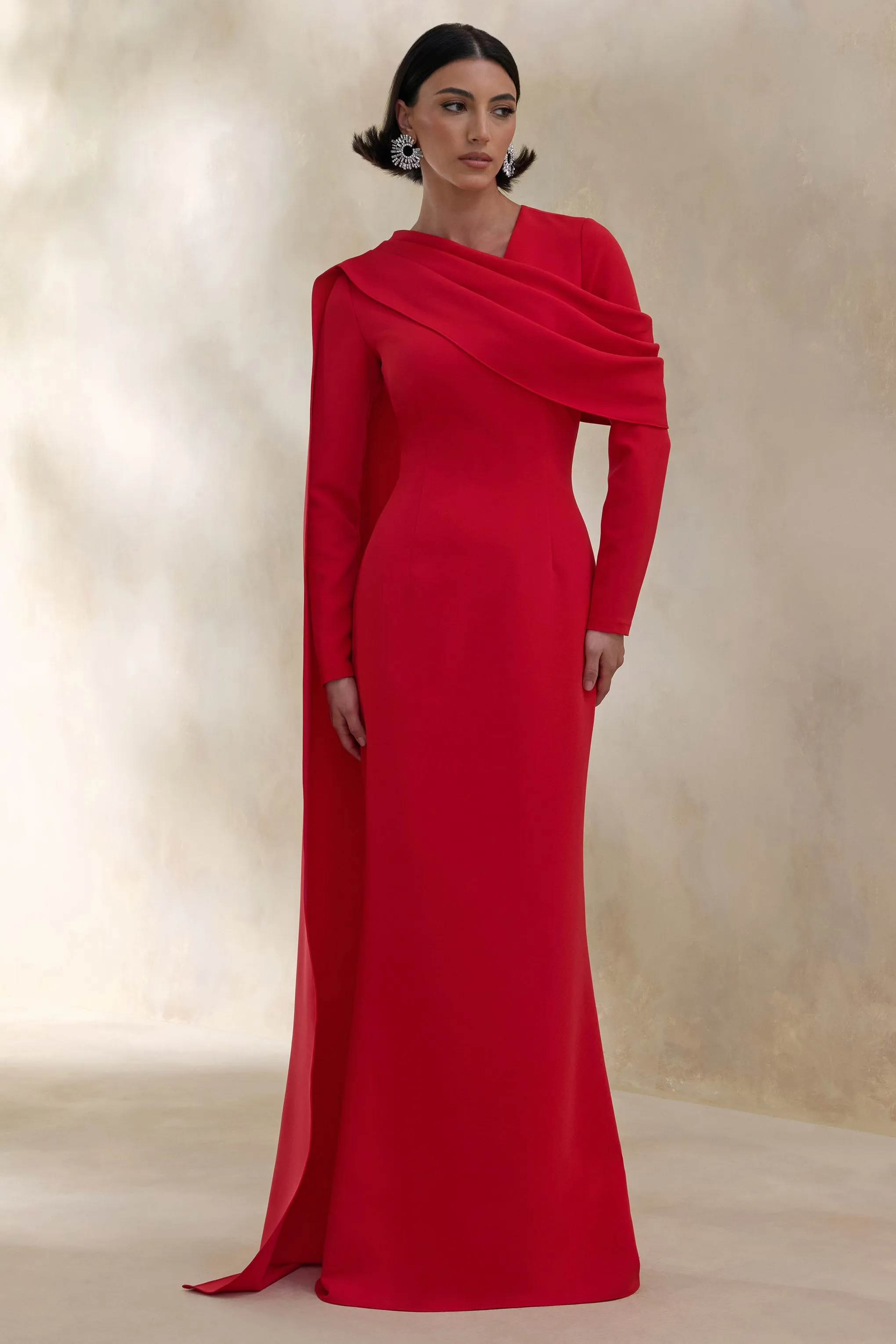 Heliora | Red V-Neck Maxi Dress With Sash And Draped-Detail sold by Club L London