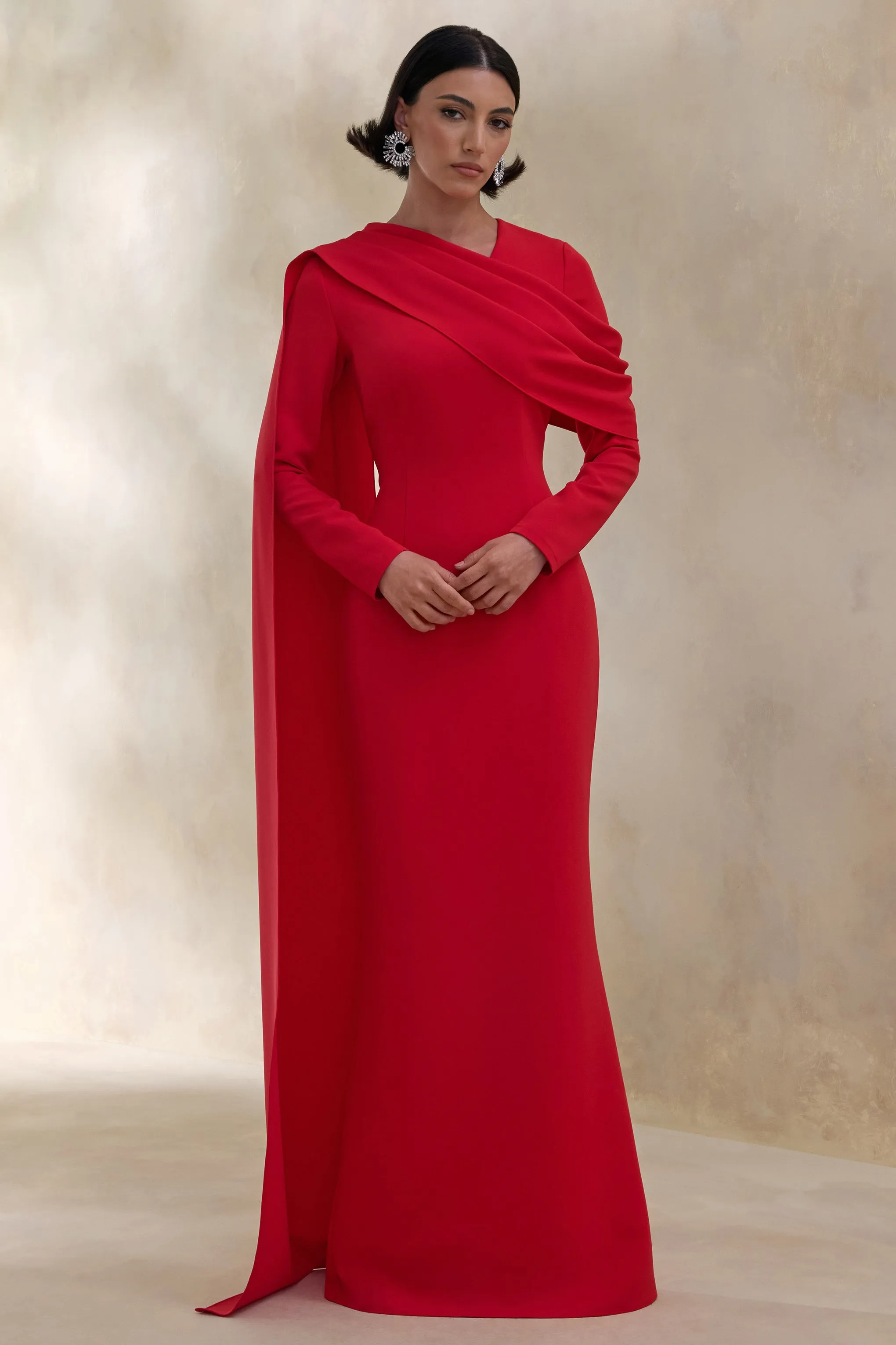 Heliora | Red V-Neck Maxi Dress With Sash And Draped-Detail sold by Club L London product image thumbnail 5