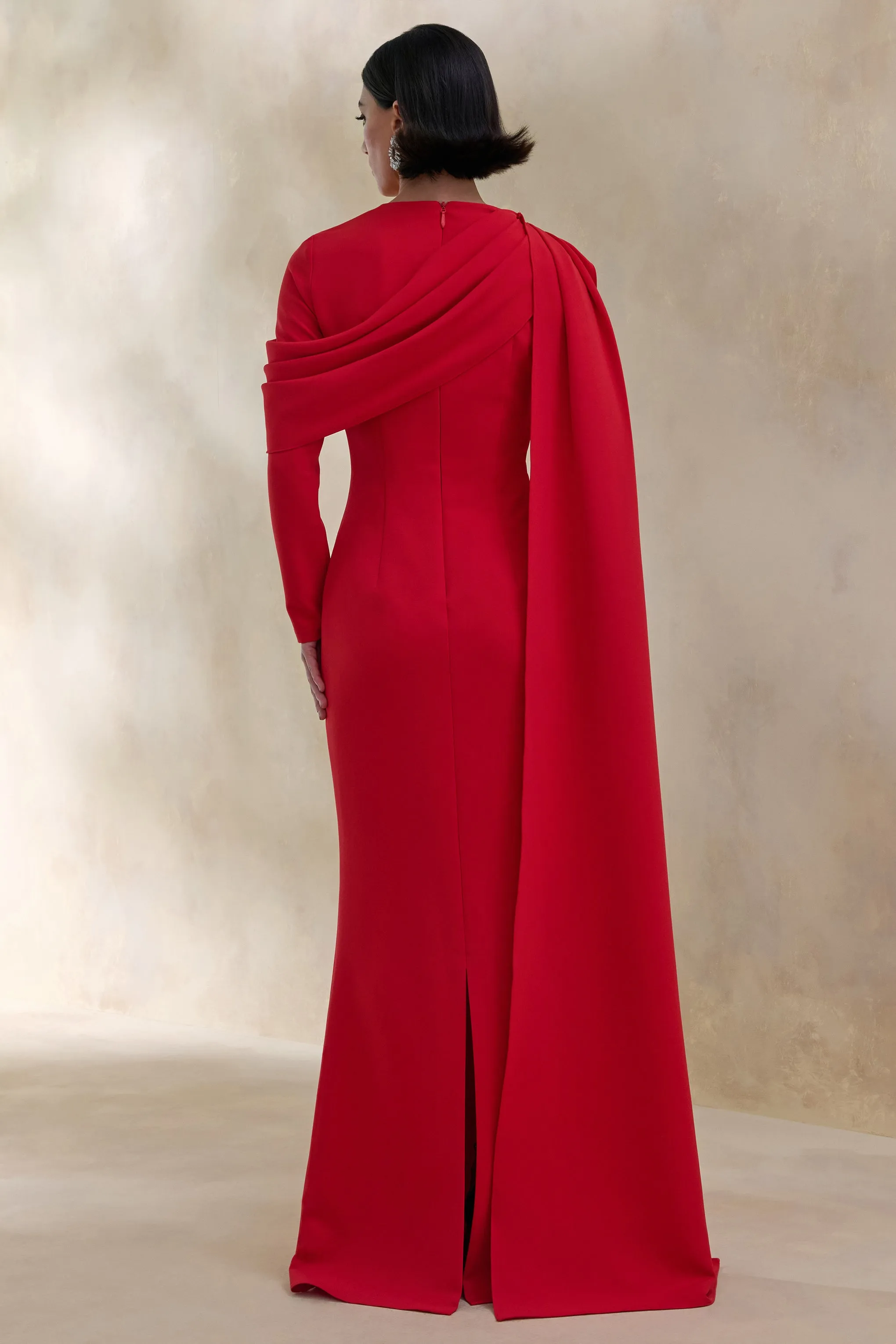 Heliora | Red V-Neck Maxi Dress With Sash And Draped-Detail sold by Club L London product image thumbnail 2
