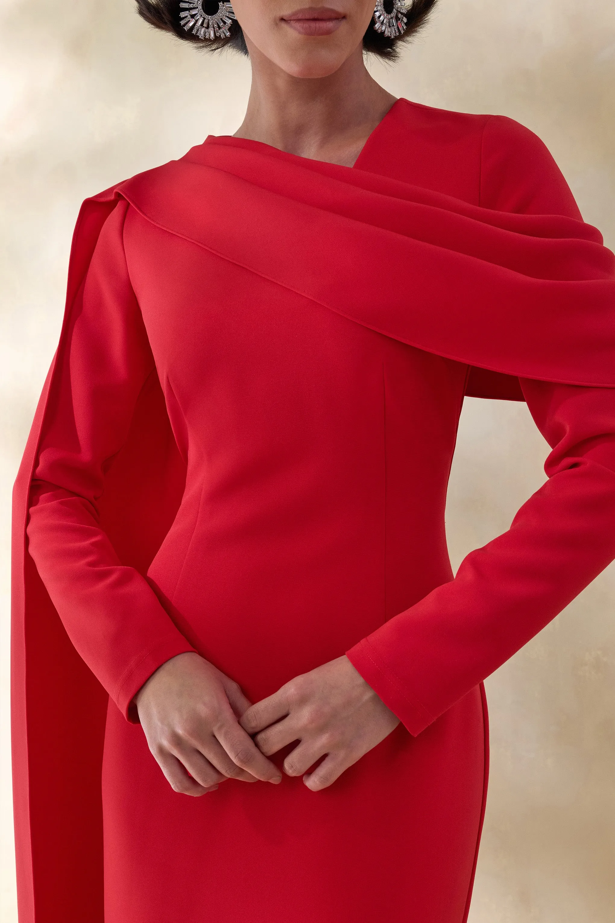 Heliora | Red V-Neck Maxi Dress With Sash And Draped-Detail sold by Club L London product image thumbnail 3