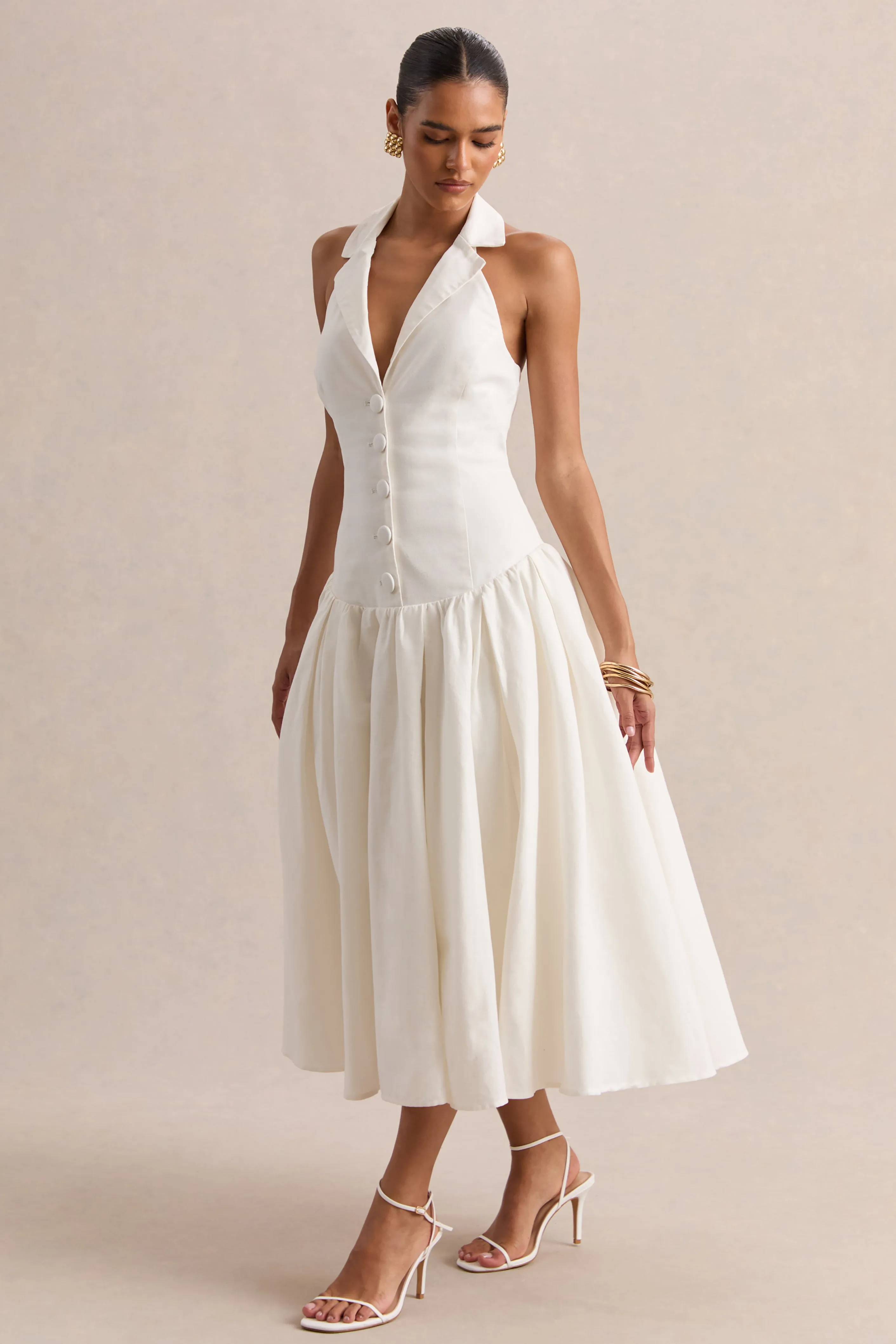 Ella | White Plunge-Neck Midi Dress With Drop-Waist sold by Club L London product image thumbnail 5
