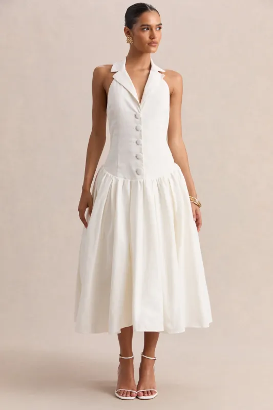 Ella | White Plunge-Neck Midi Dress With Drop-Waist sold by Club L London
