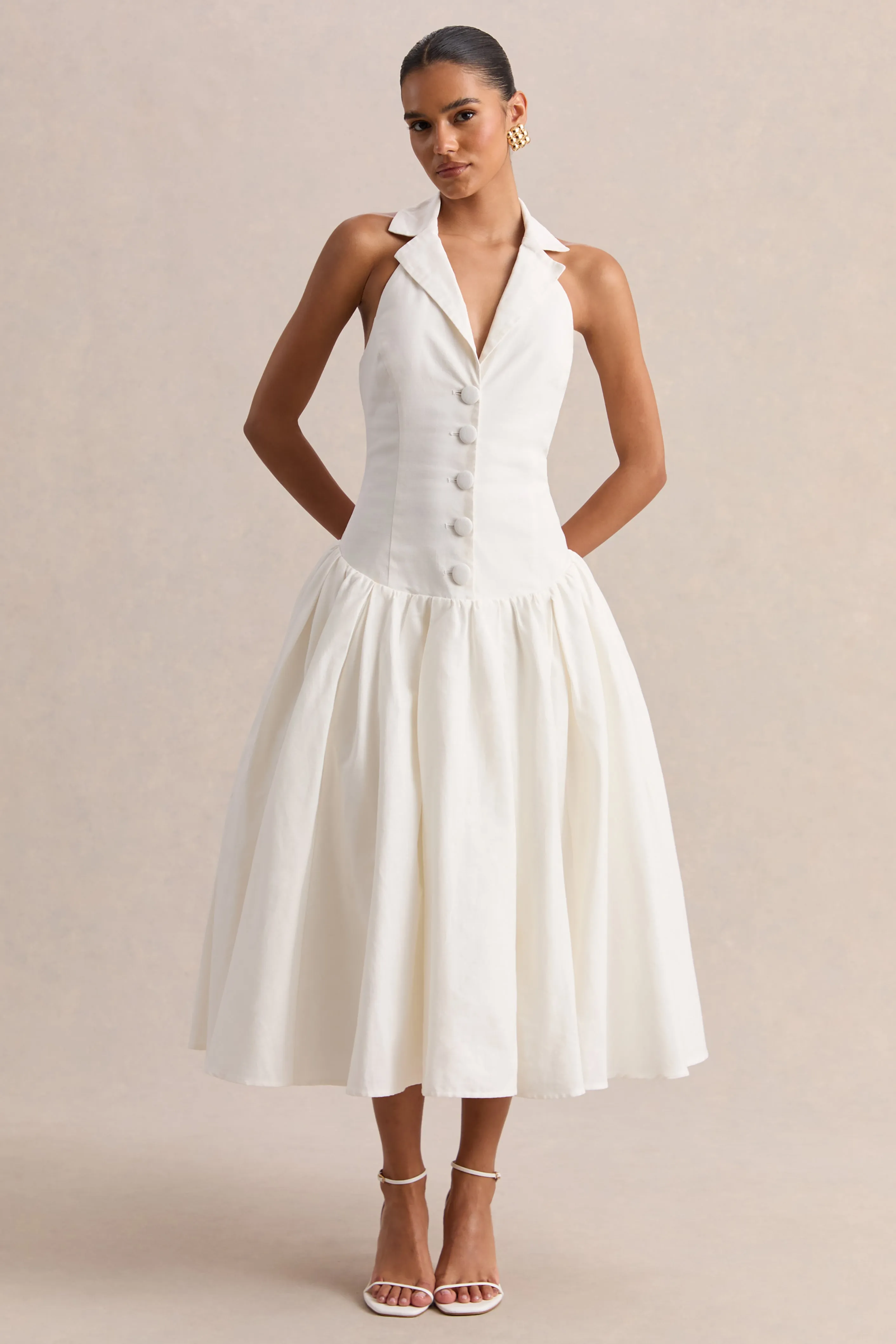 Ella | White Plunge-Neck Midi Dress With Drop-Waist sold by Club L London product image thumbnail 4