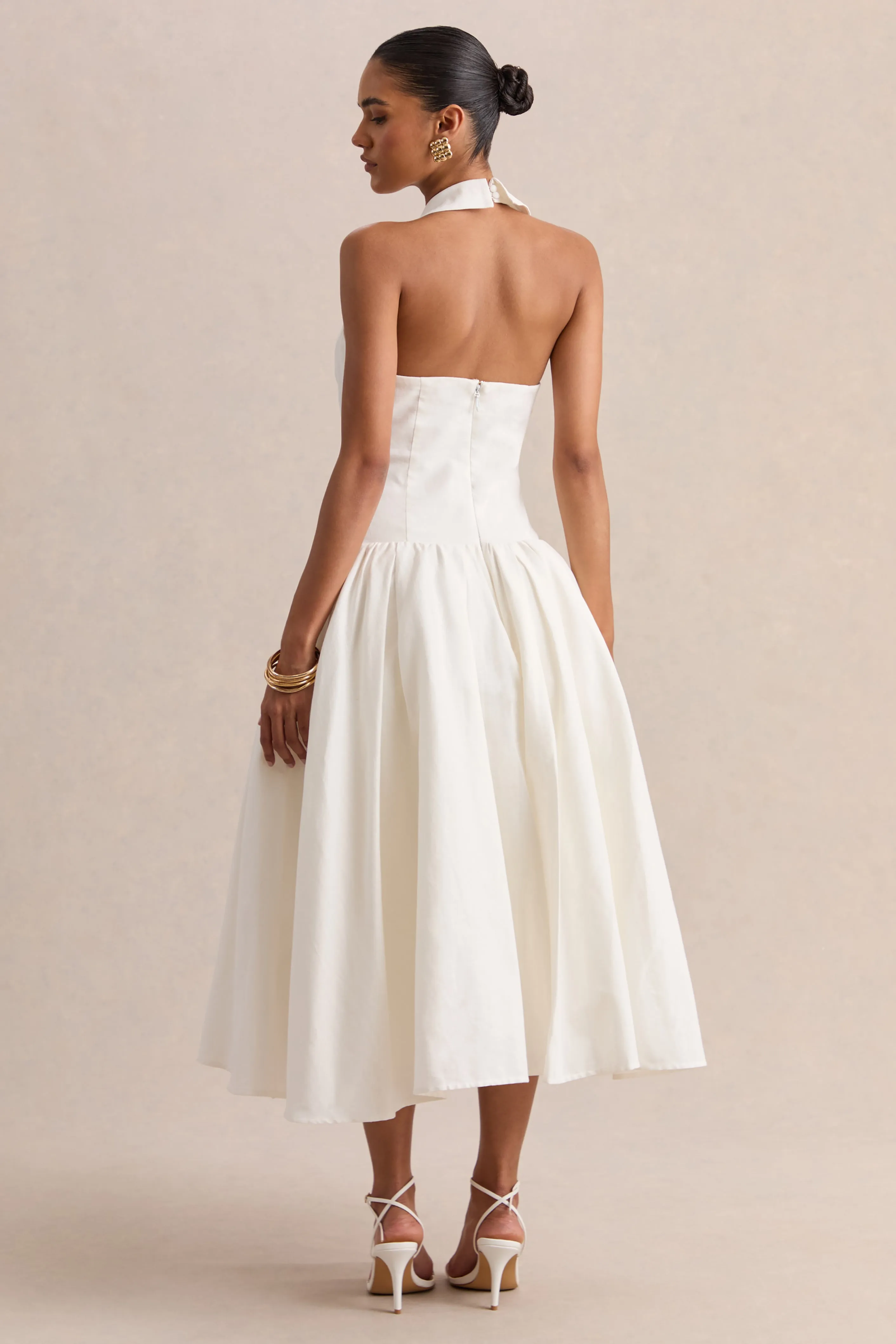 Ella | White Plunge-Neck Midi Dress With Drop-Waist sold by Club L London product image thumbnail 2