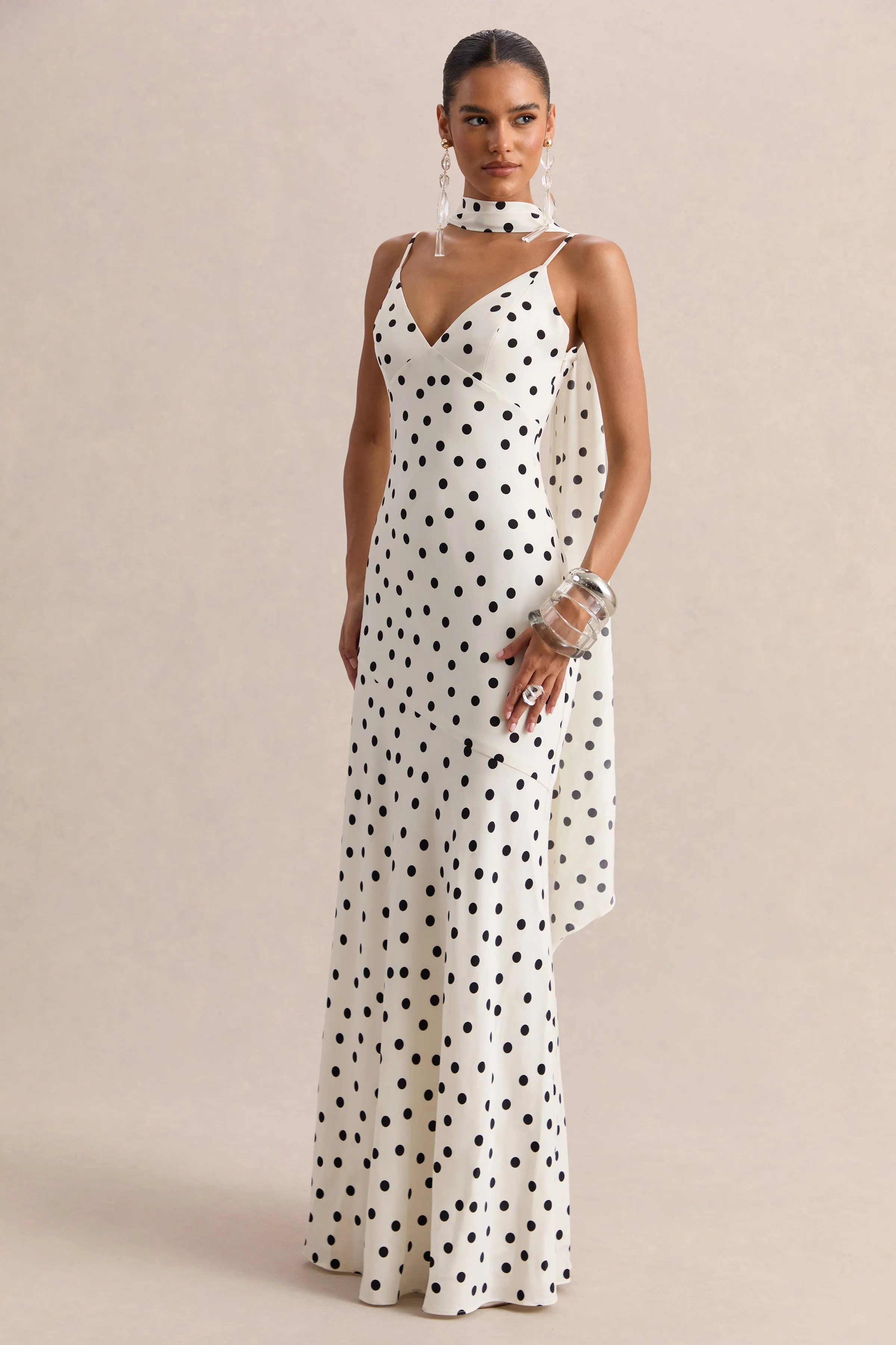 Starling | White & Black Polka Dot Satin Plunge-Neck Maxi Dress With Scarf-Detail sold by Club L London product image thumbnail 5