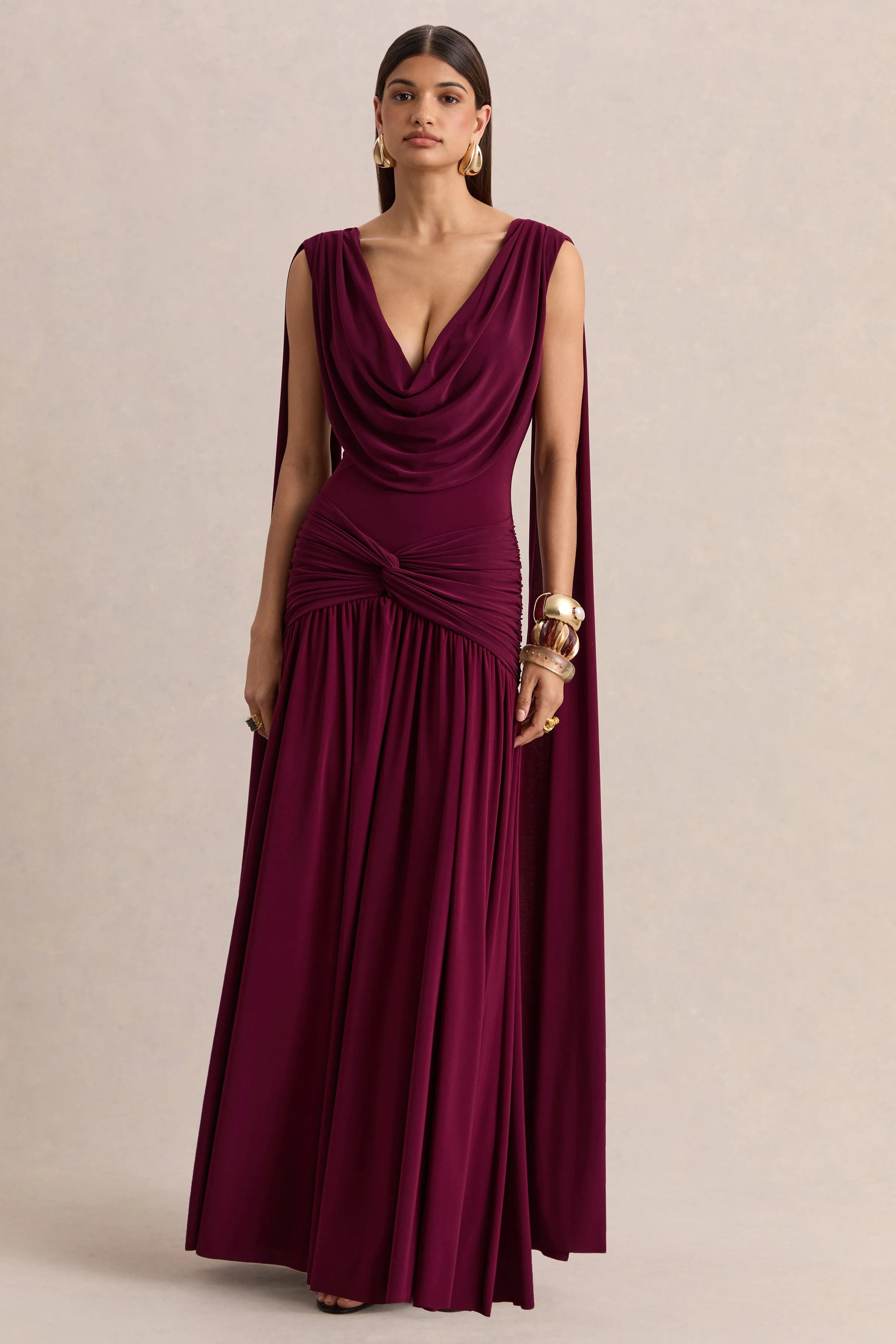 Amelisse | Burgundy Plunge-Neck Maxi Dress With Ruched-Detailing sold by Club L London product image thumbnail 4