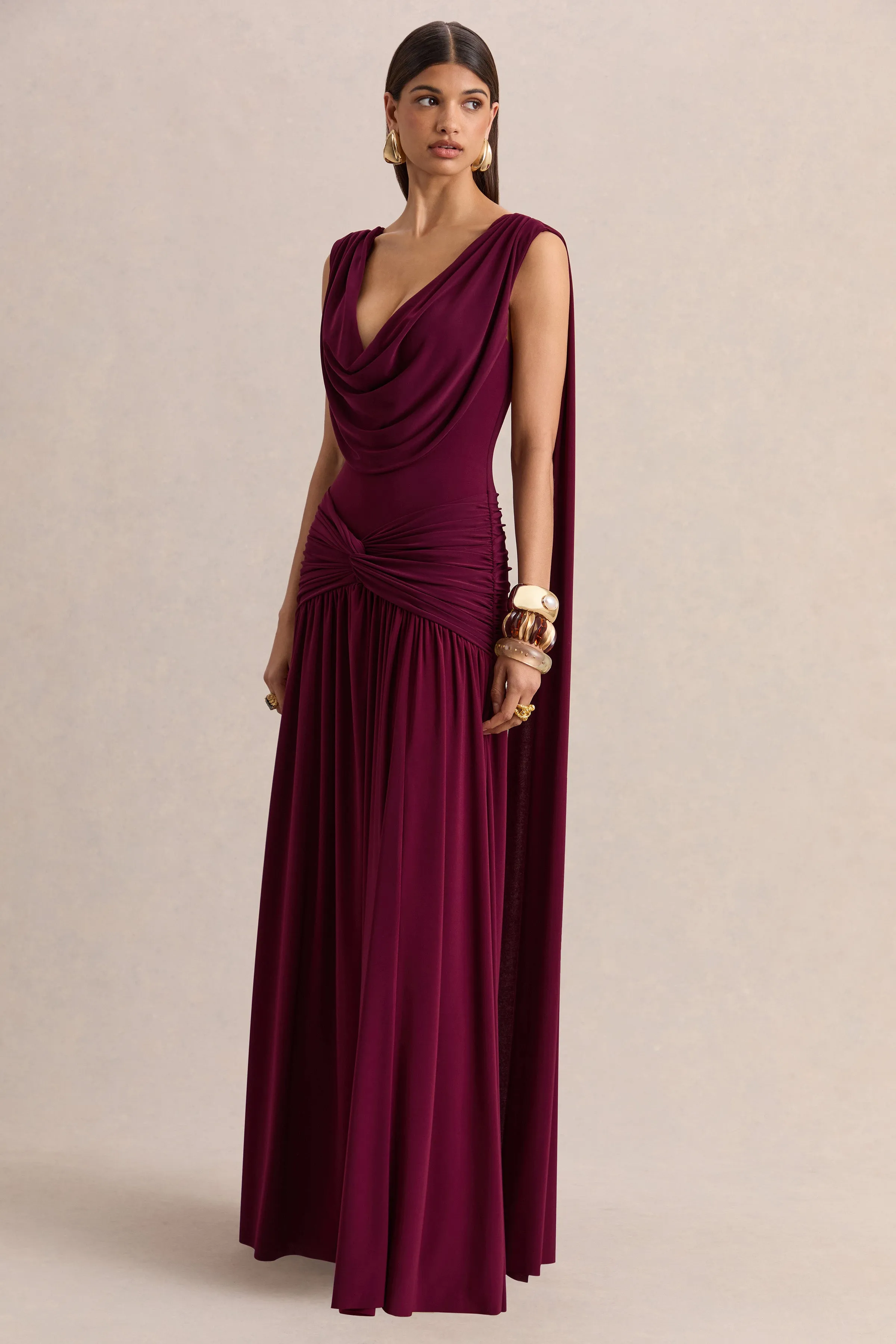 Amelisse | Burgundy Plunge-Neck Maxi Dress With Ruched-Detailing sold by Club L London