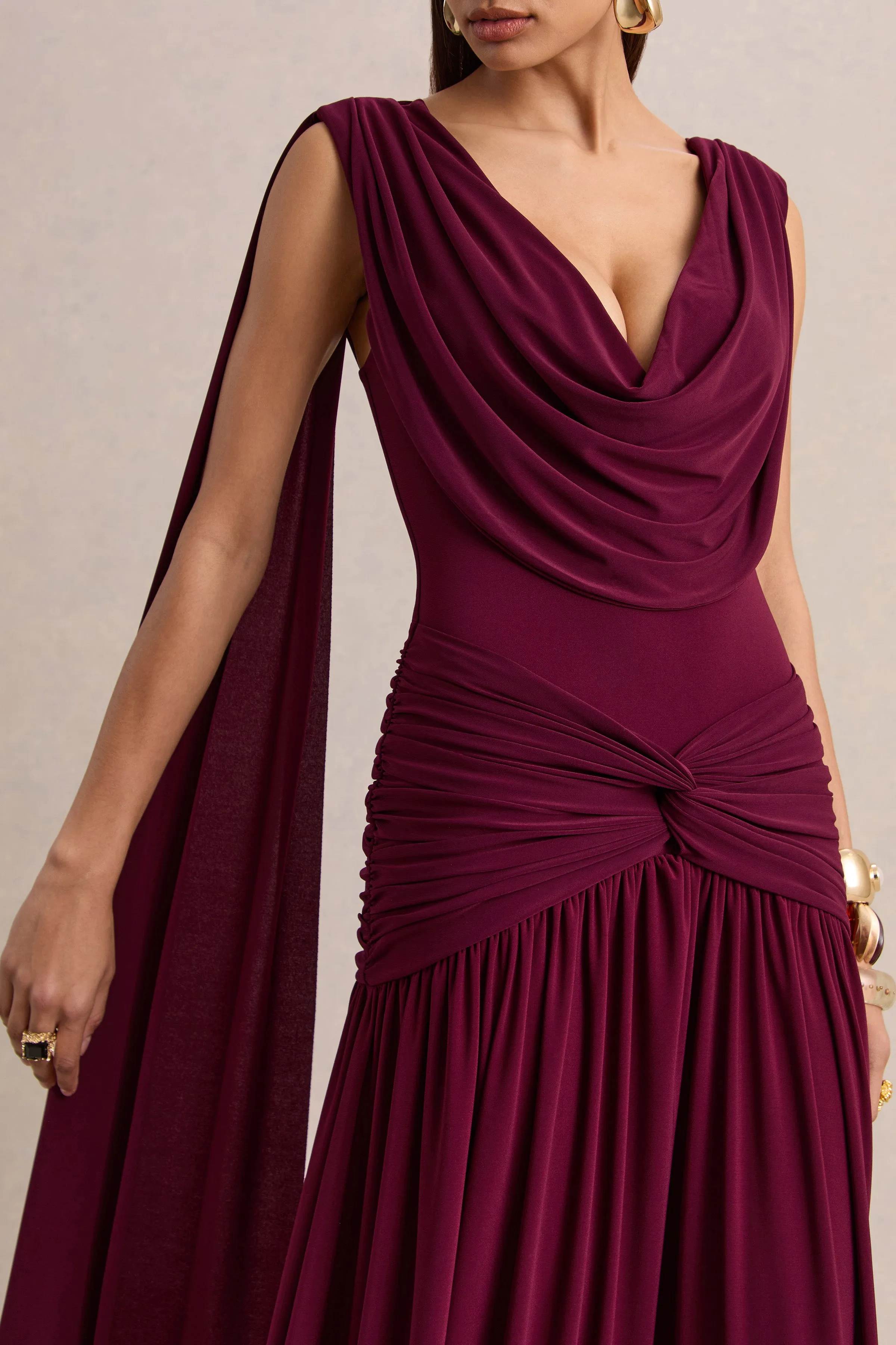 Amelisse | Burgundy Plunge-Neck Maxi Dress With Ruched-Detailing sold by Club L London product image thumbnail 5