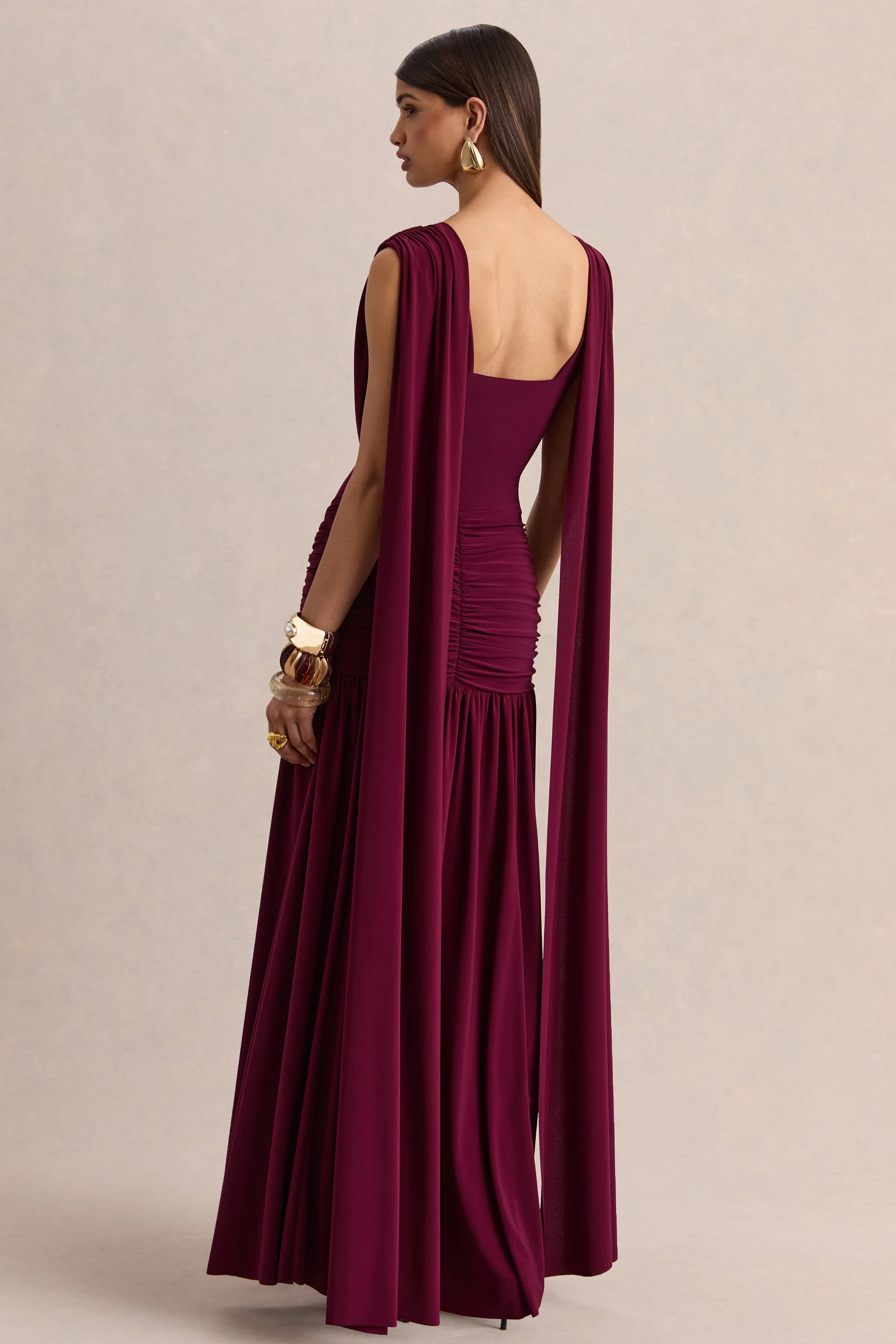 Amelisse | Burgundy Plunge-Neck Maxi Dress With Ruched-Detailing sold by Club L London product image thumbnail 2