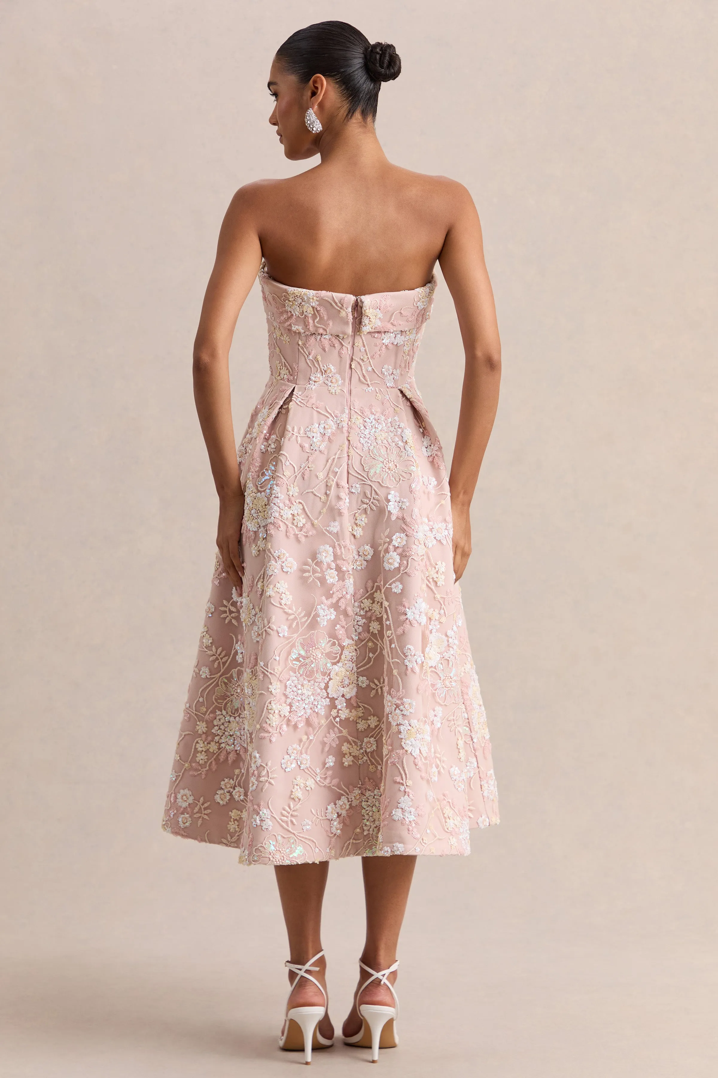 Amaris | Pink Embellished Floral Bandeau Skater Midi Dress sold by Club L London product image thumbnail 2