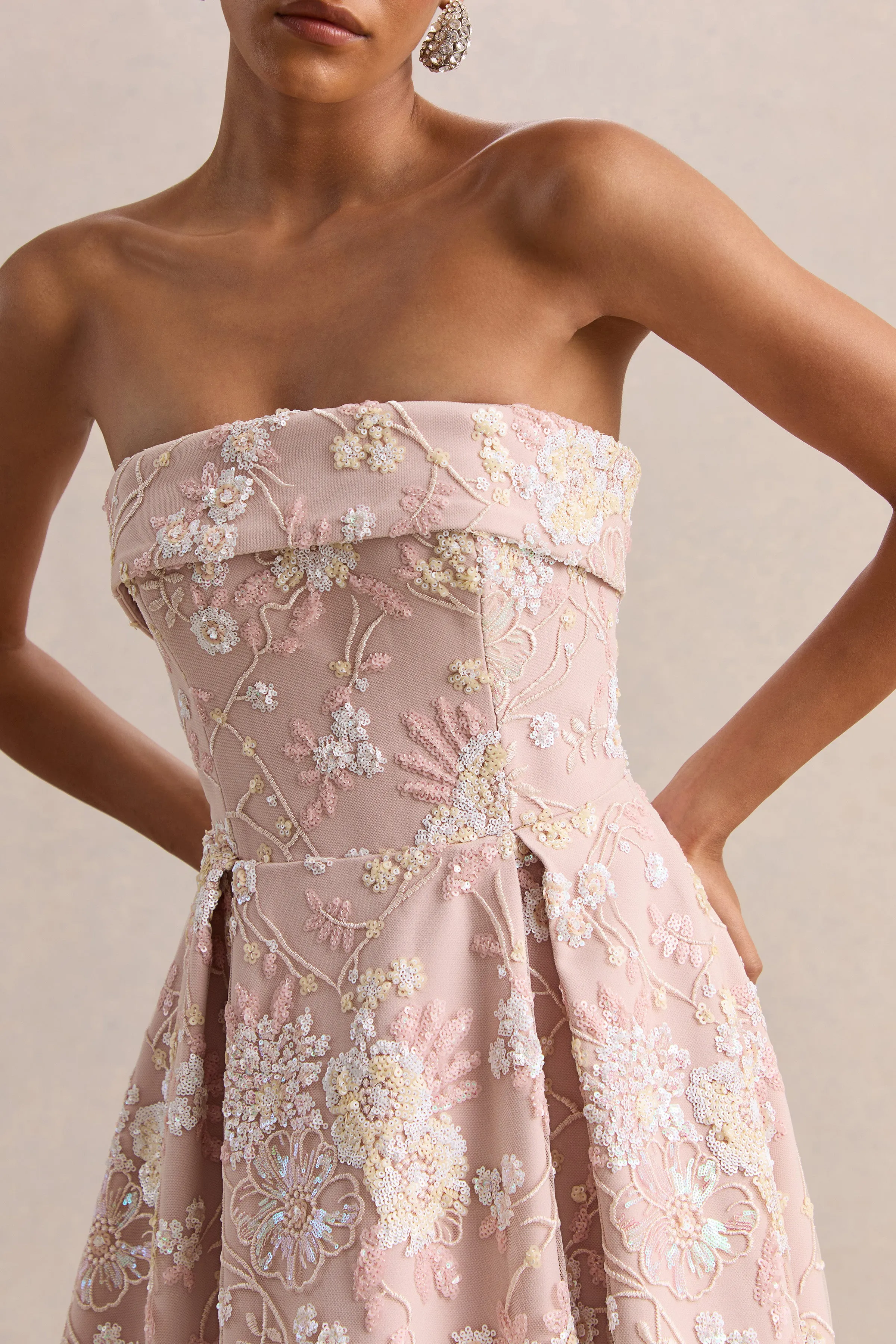 Amaris | Pink Embellished Floral Bandeau Skater Midi Dress sold by Club L London product image thumbnail 3