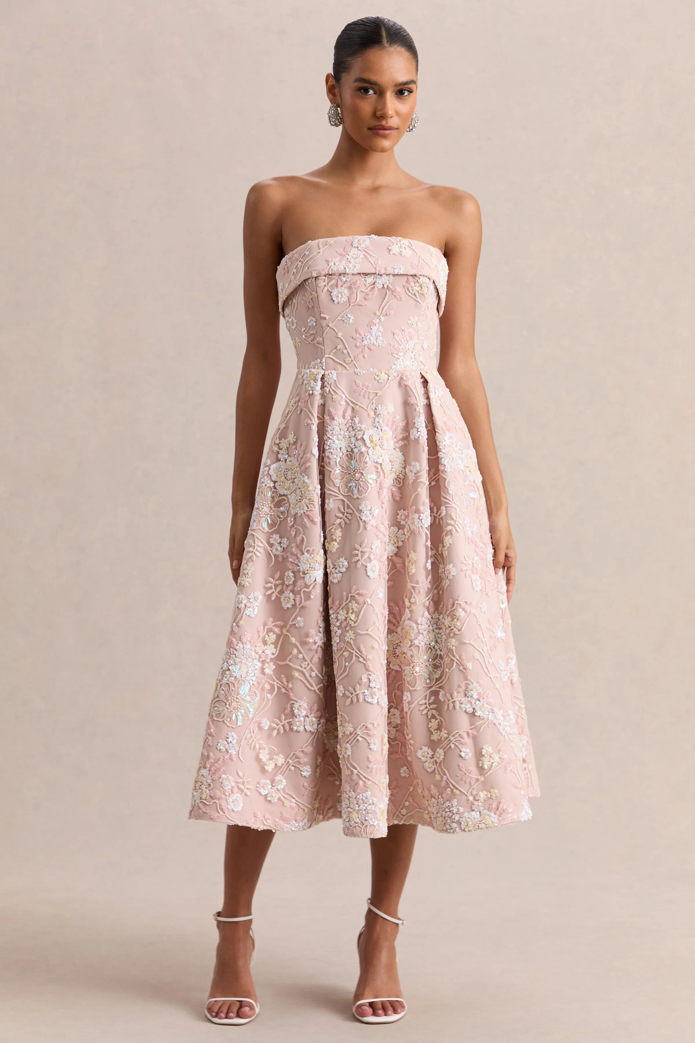 Amaris | Pink Embellished Floral Bandeau Skater Midi Dress sold by Club L London product image thumbnail 4
