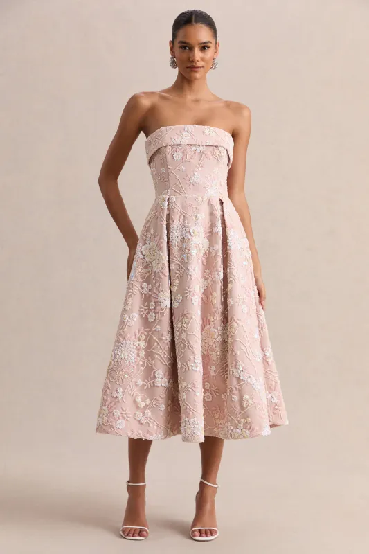 Amaris | Pink Embellished Floral Bandeau Skater Midi Dress made by Club L London