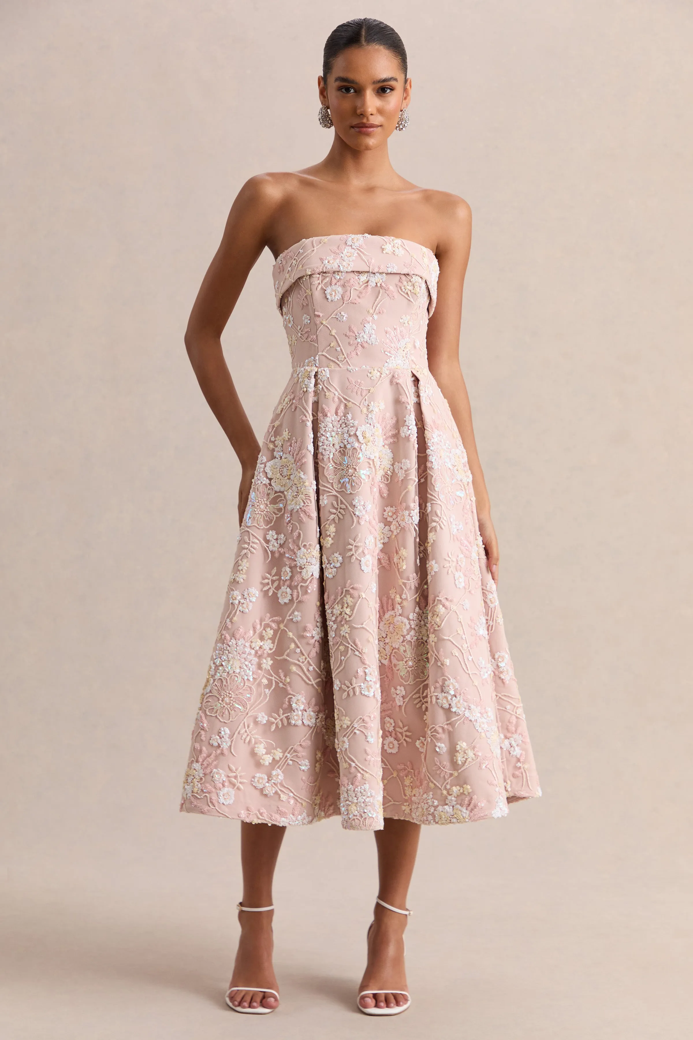 Amaris | Pink Embellished Floral Bandeau Skater Midi Dress sold by Club L London