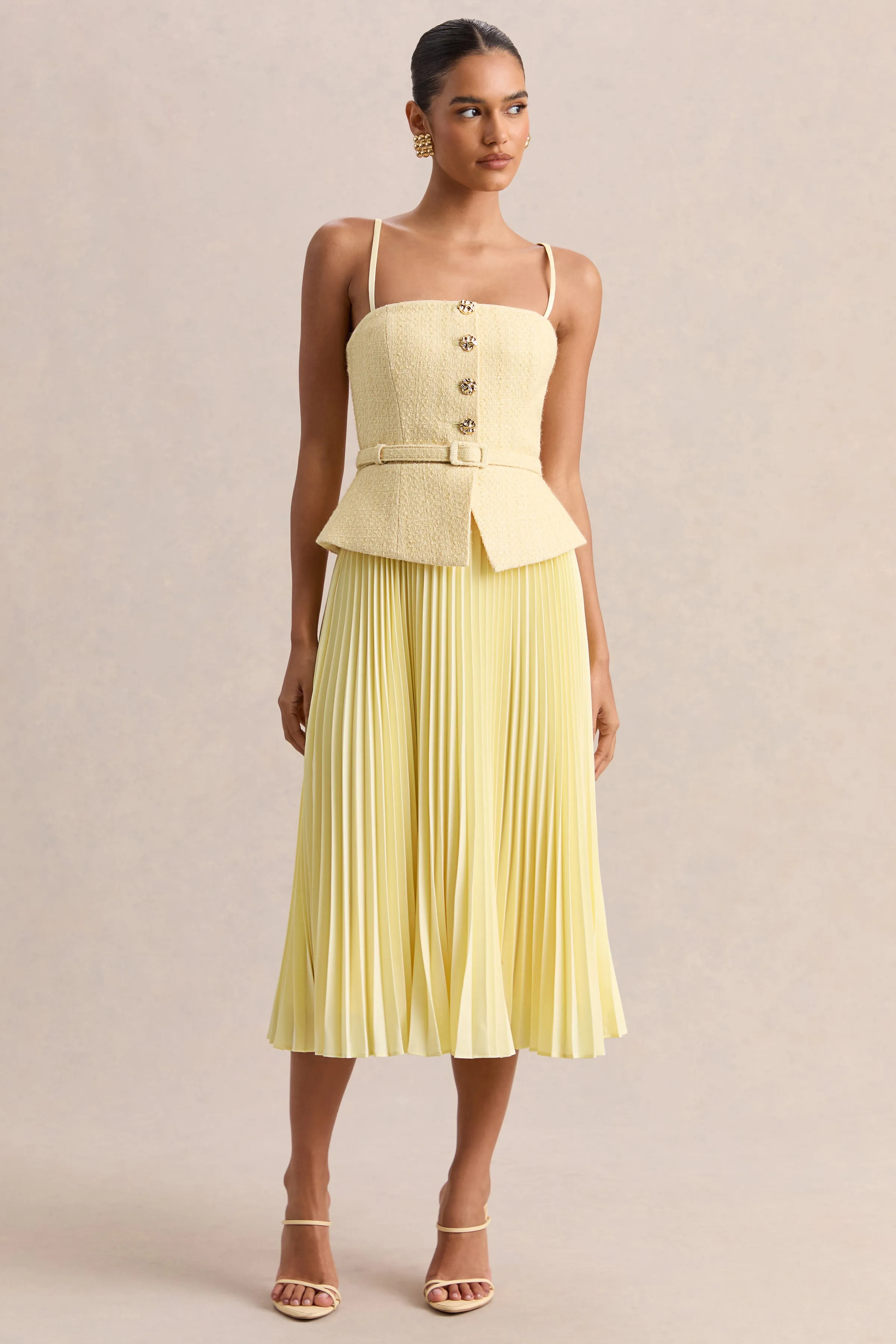 Lizzy | Lemon Square-Neck Midi Dress With Pleated-Skirt sold by Club L London