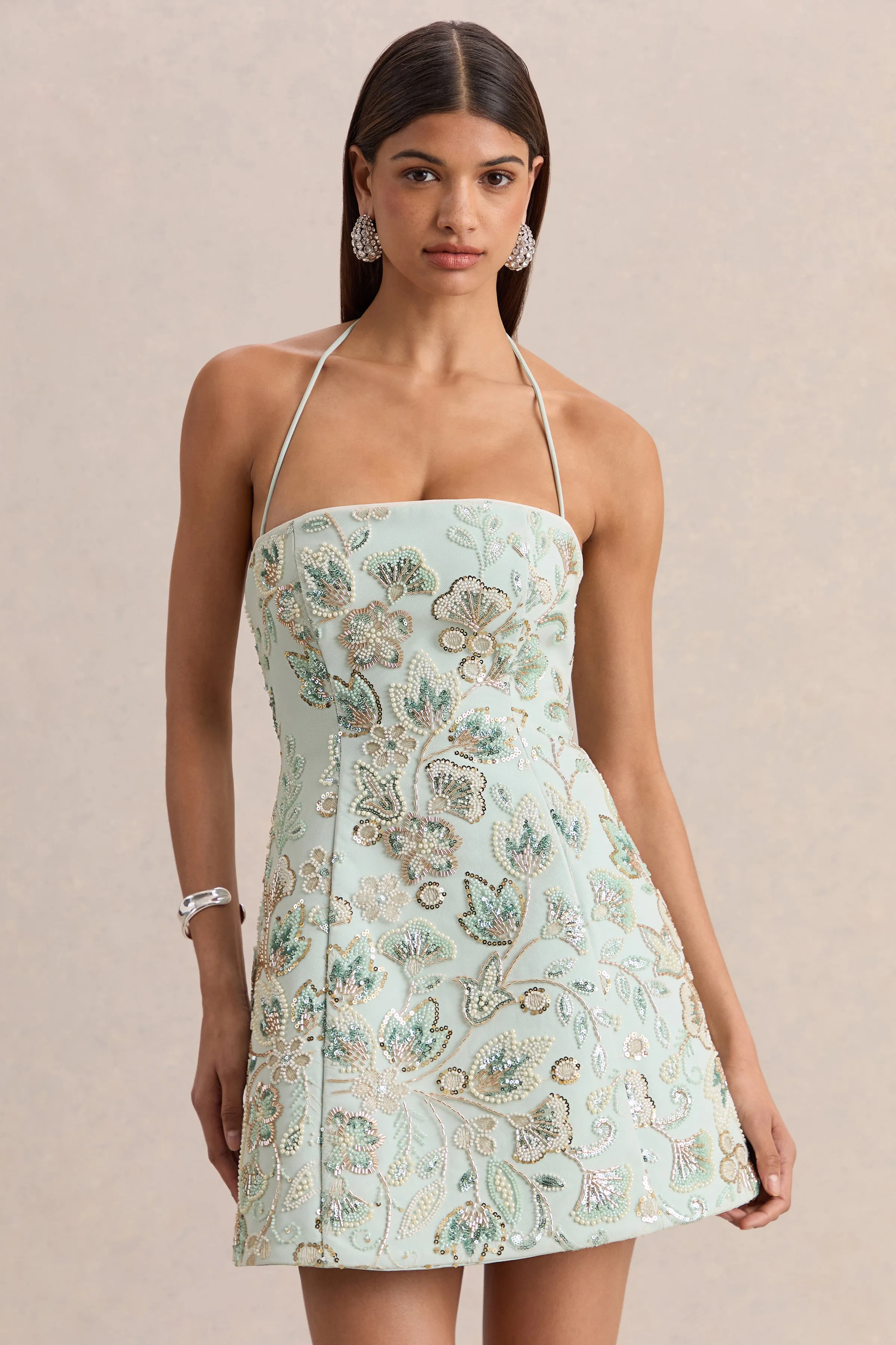 Brianna | Blue Floral Embellished Square-Neck Mini Dress sold by Club L London product image thumbnail 3