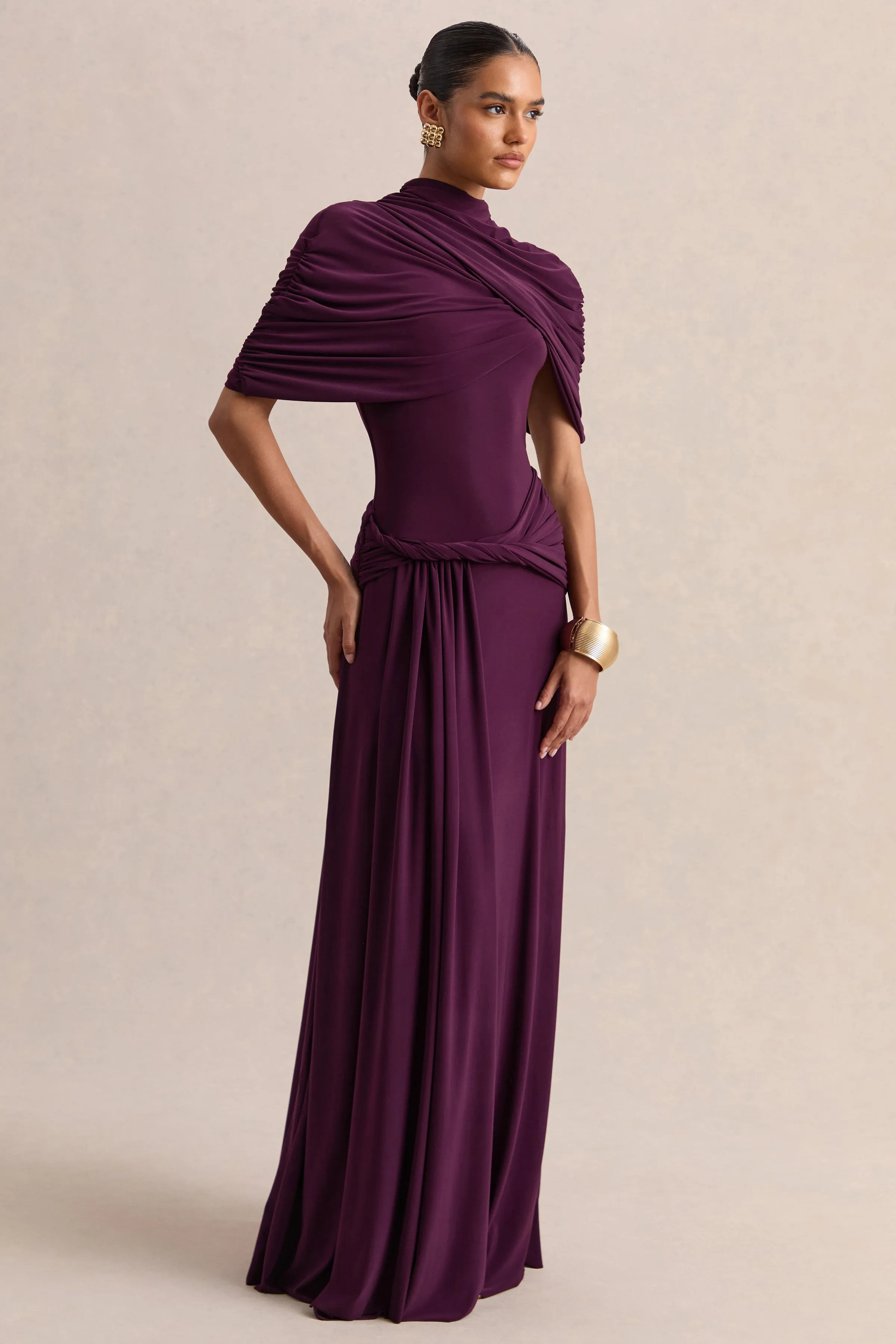 Evelisse | Plum High-Neck Maxi Dress With Short-Cape Sleeves sold by Club L London product image thumbnail 4