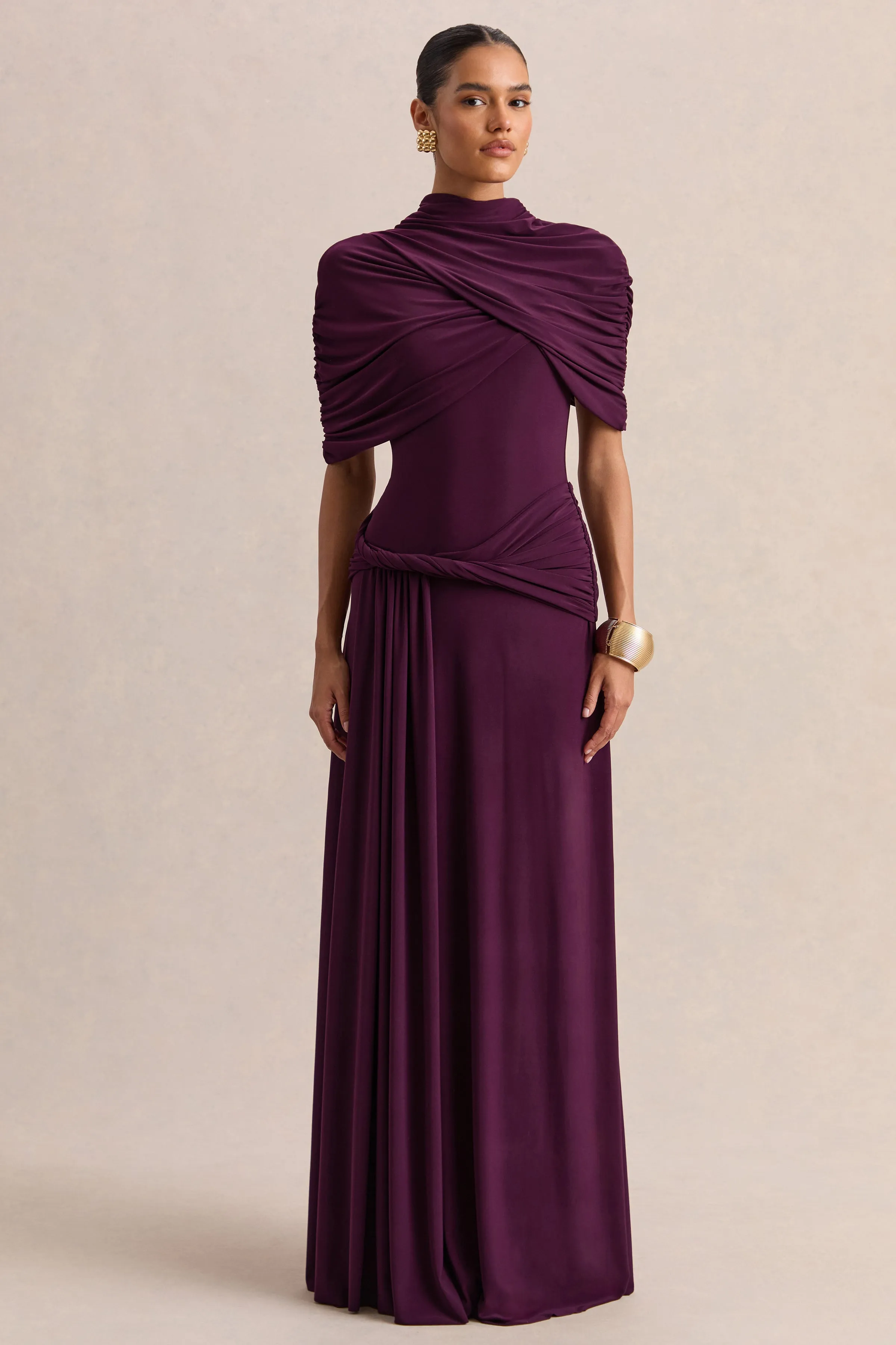 Evelisse | Plum High-Neck Maxi Dress With Short-Cape Sleeves sold by Club L London