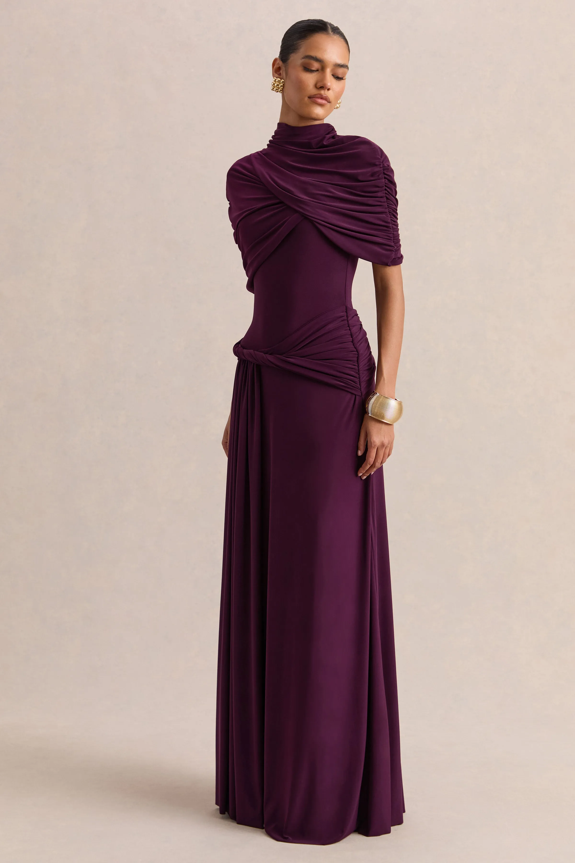 Evelisse | Plum High-Neck Maxi Dress With Short-Cape Sleeves sold by Club L London product image thumbnail 5