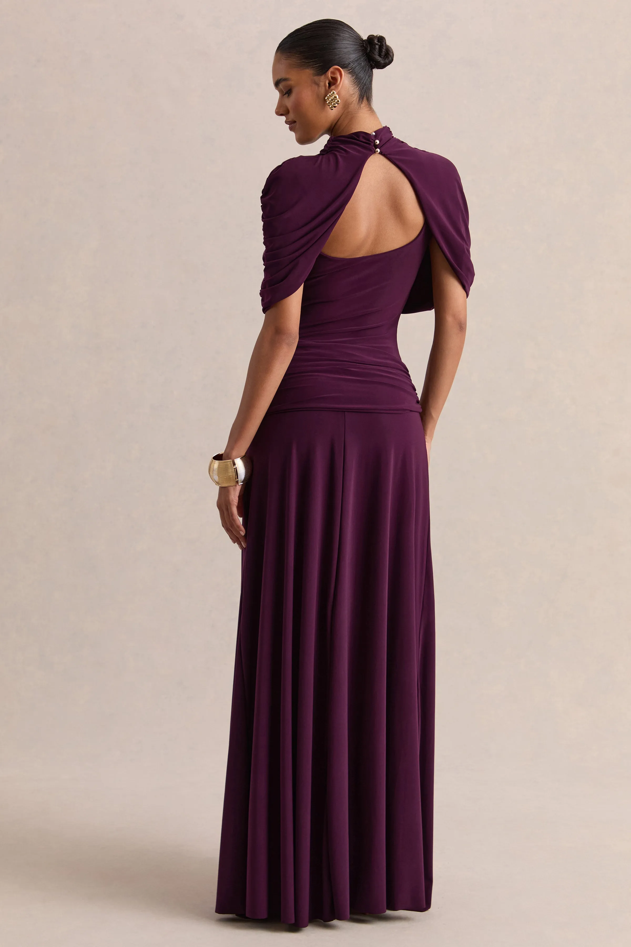 Evelisse | Plum High-Neck Maxi Dress With Short-Cape Sleeves sold by Club L London product image thumbnail 2
