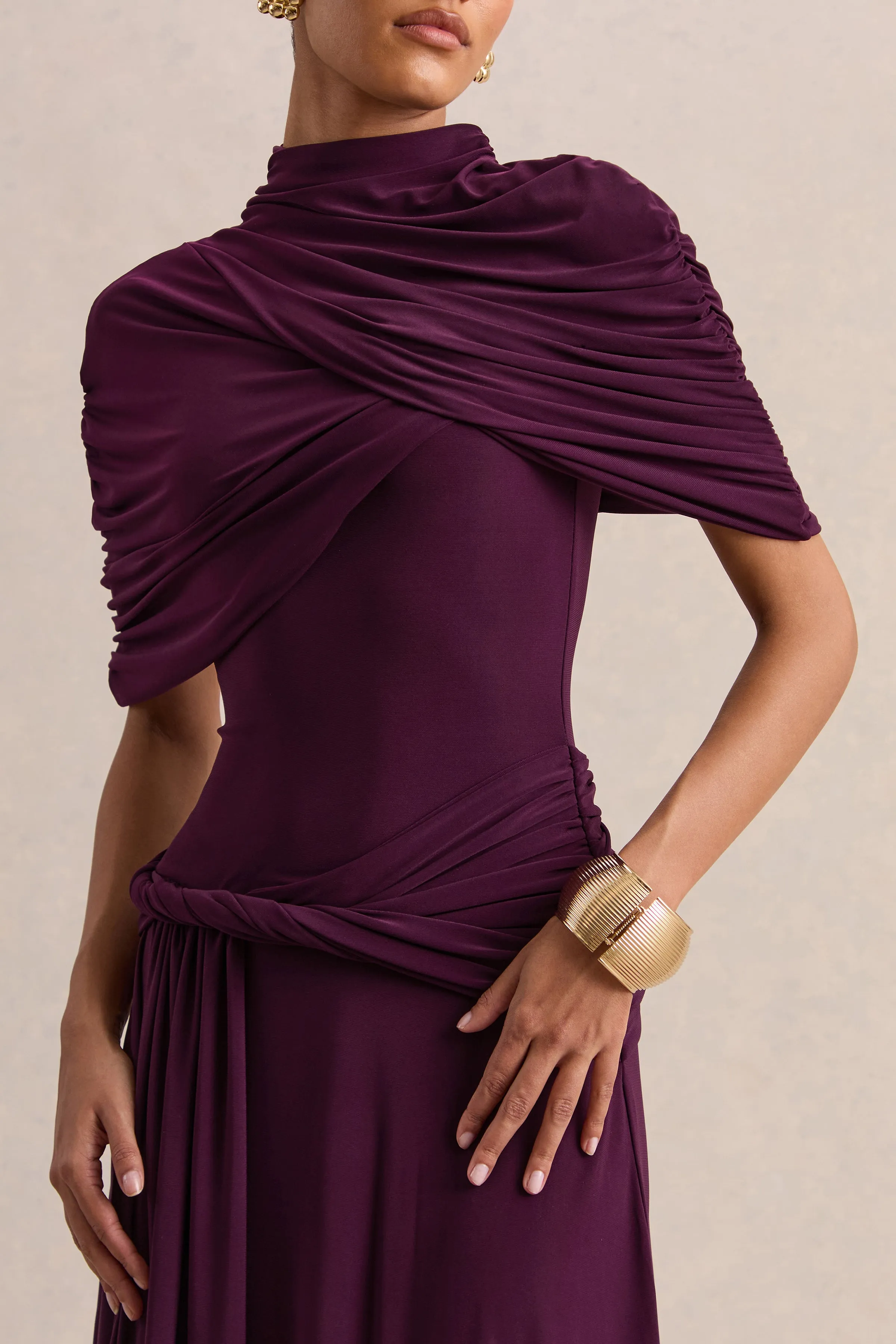 Evelisse | Plum High-Neck Maxi Dress With Short-Cape Sleeves sold by Club L London product image thumbnail 3